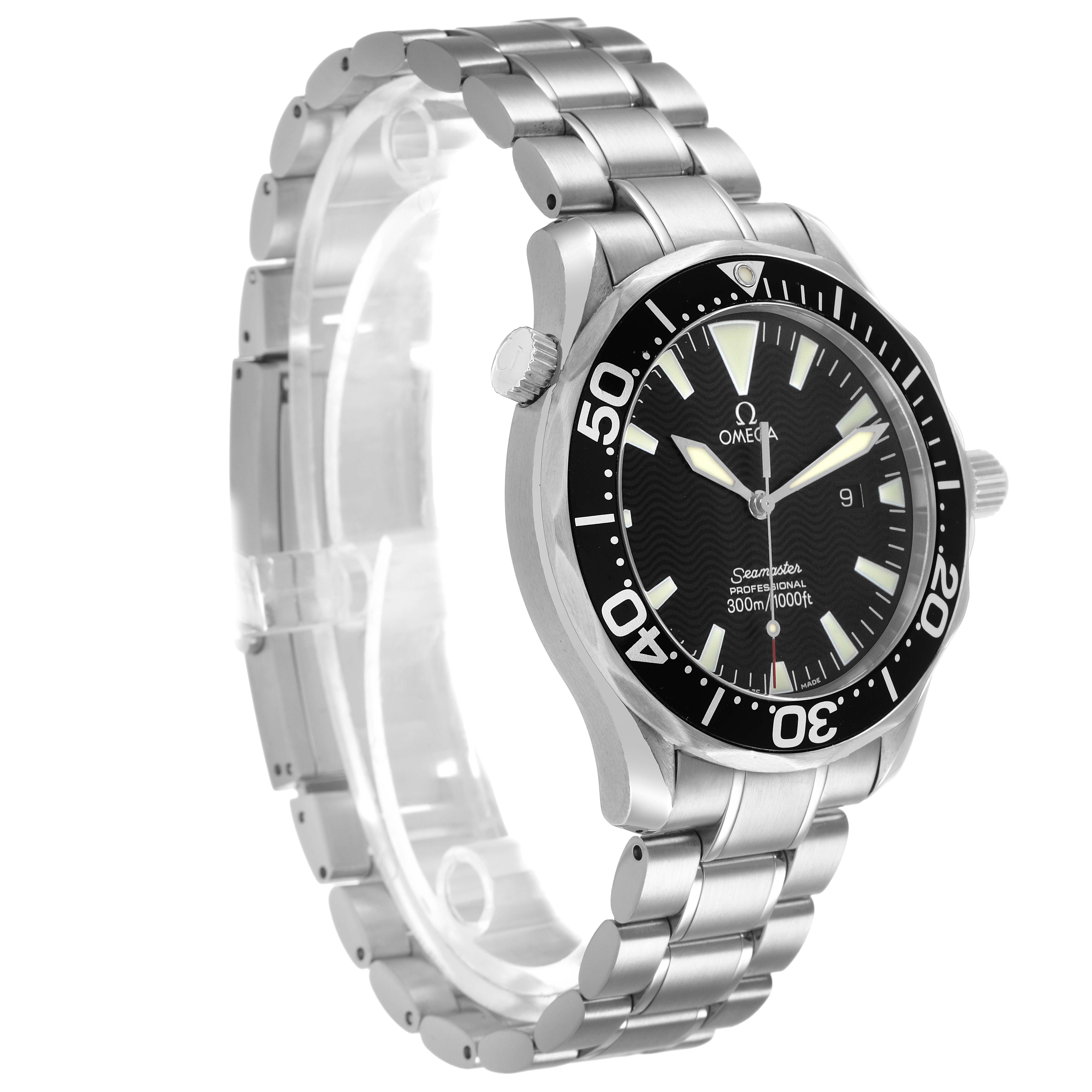 The Omega Seamaster 2264.50.00 Mens Stainless Steel Black Dial watch is shown at a three-quarter angle, highlighting the bracelet, crown, and black bezel with clear dial details.
