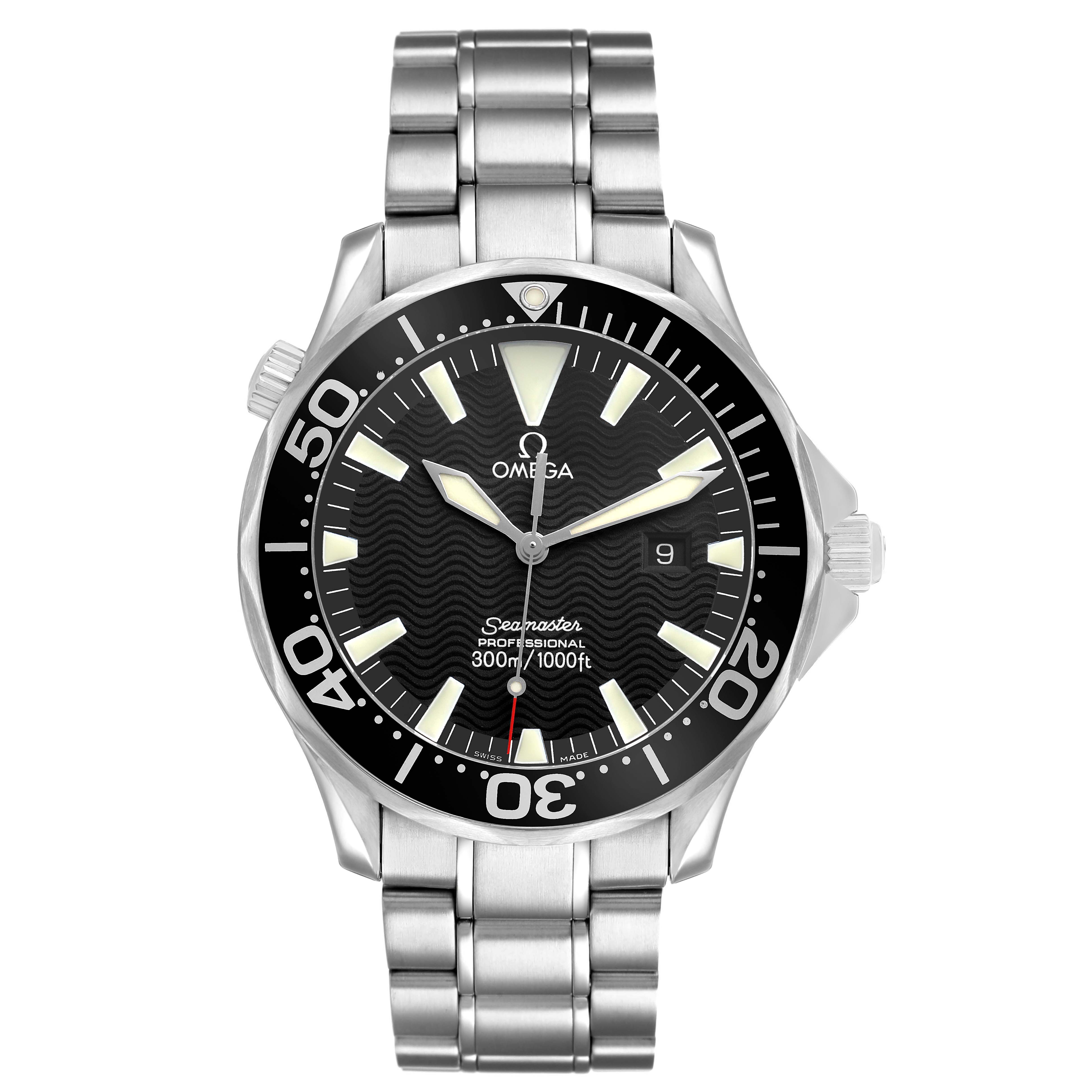 The Omega Seamaster 2264.50.00 Mens Stainless Steel Black Dial watch is shown from a front angle, highlighting the dial, bezel, and bracelet.