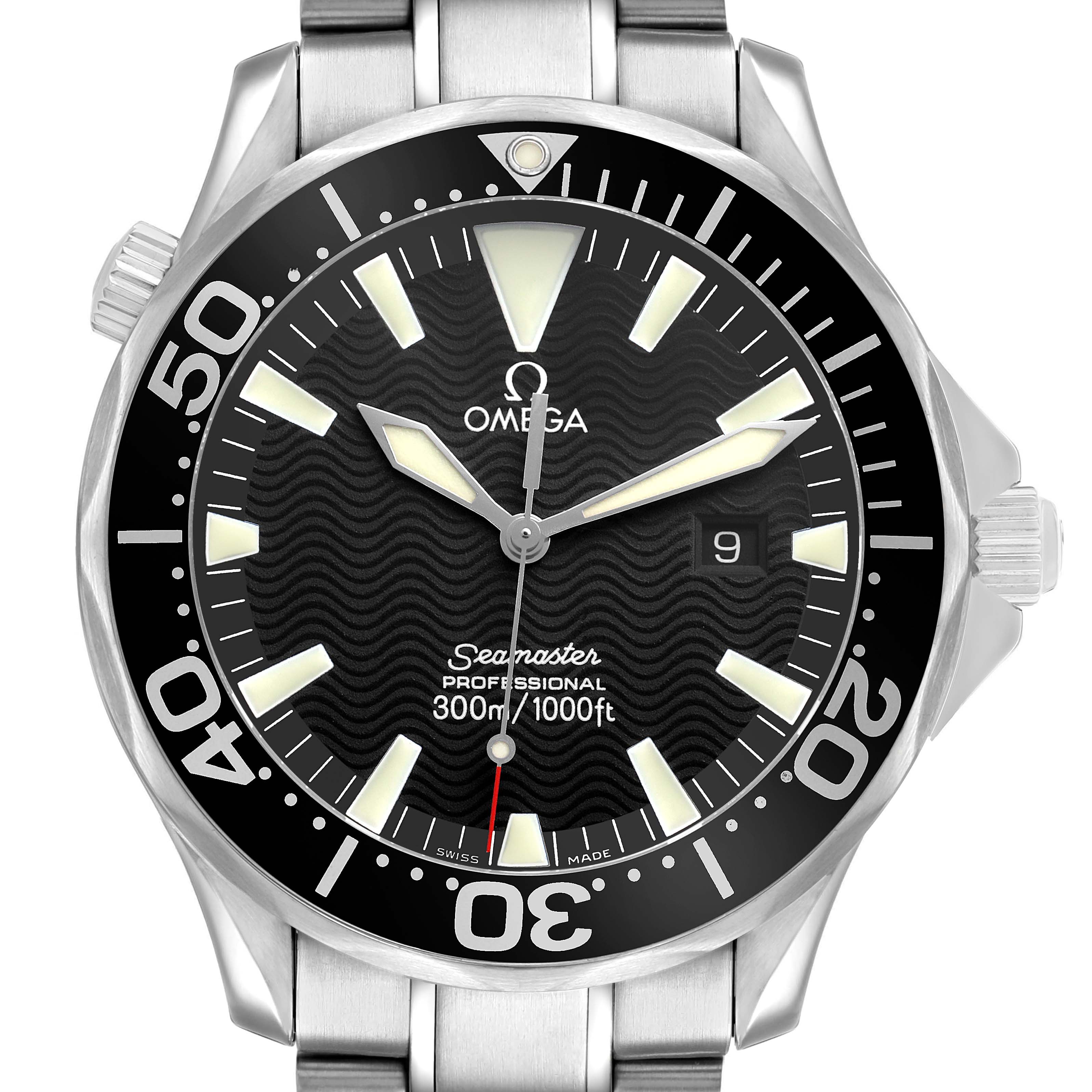 The Omega Seamaster 2264.50.00 Mens Stainless Steel Black Dial watch is shown front-facing, highlighting the dial, bezel, and part of the bracelet.