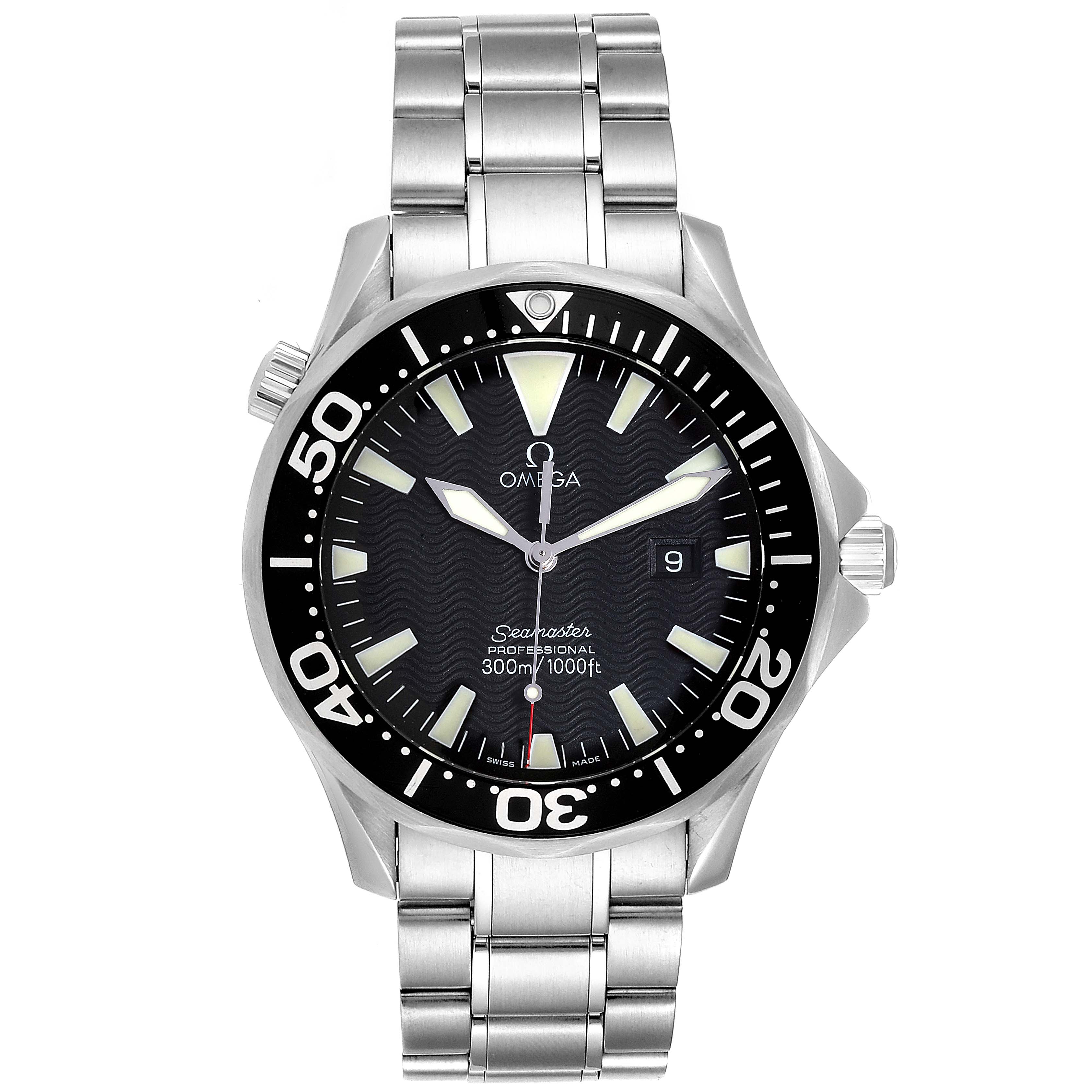 The image shows a front view of the Omega Seamaster 2264.50.00 Men
s Stainless Steel Black Dial 2264.50.00 Men
s Stainless Steel Black Dial watch, displaying the dial, bezel, case, and bracelet.