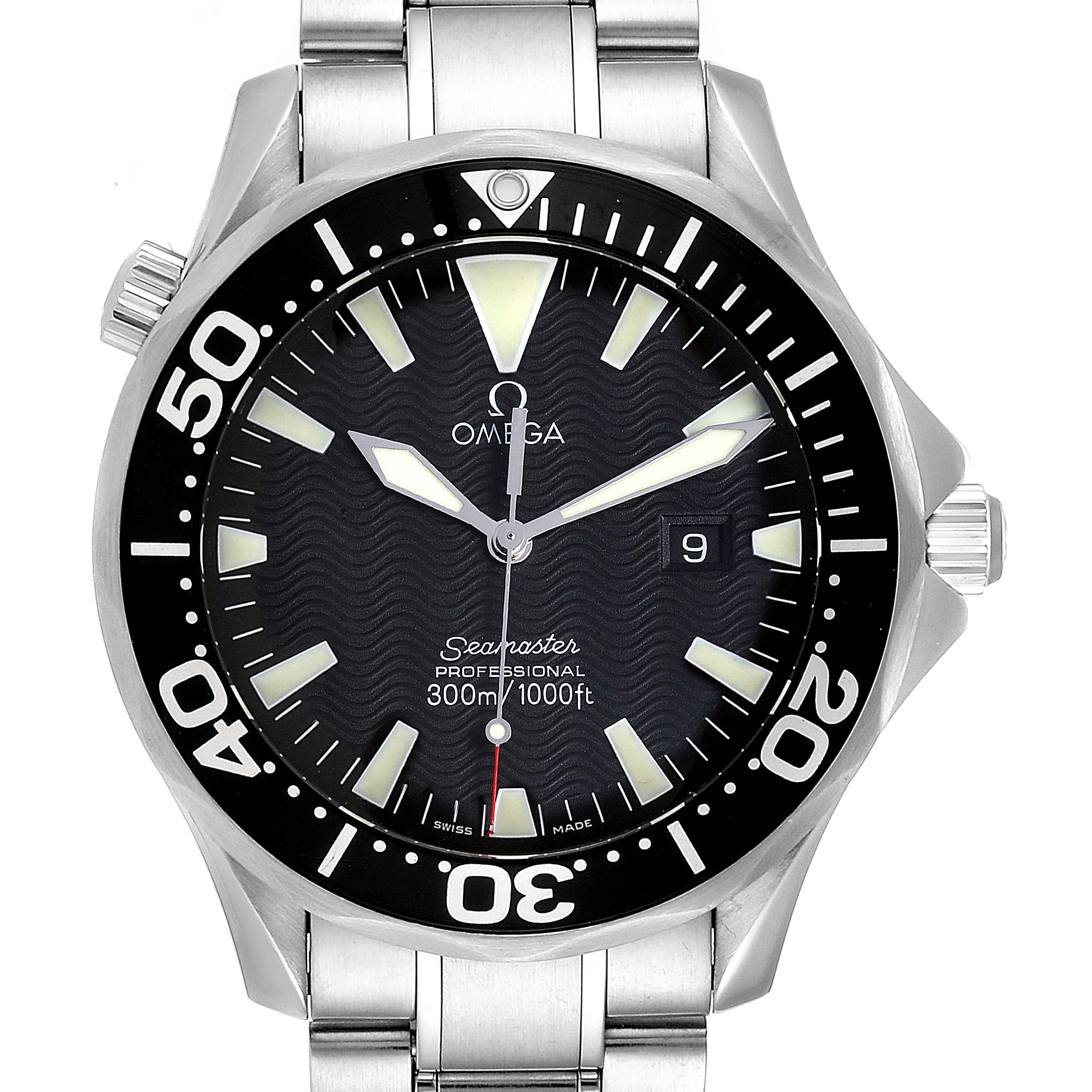The Omega Seamaster 2264.50.00 Men
s Stainless Steel Black Dial 2264.50.00 Men
s Stainless Steel Black Dial watch is shown from a front angle, highlighting the dial, bezel, and part of the stainless steel bracelet.