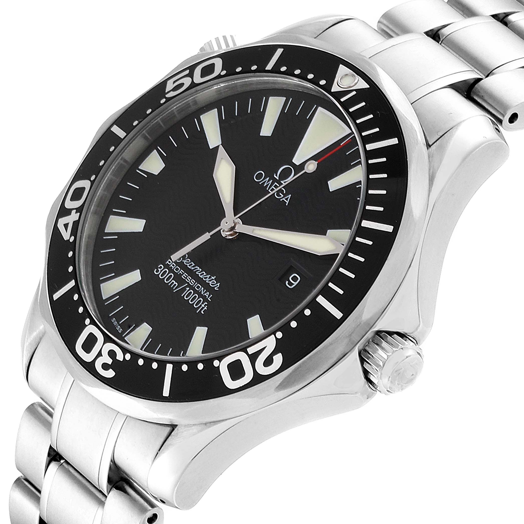 The image shows an Omega Seamaster 2264.50.00 Men
s Stainless Steel Black Dial 2264.50.00 Men
s Stainless Steel Black Dial watch angled slightly from the front, highlighting the face, bezel, crown, and stainless steel bracelet.