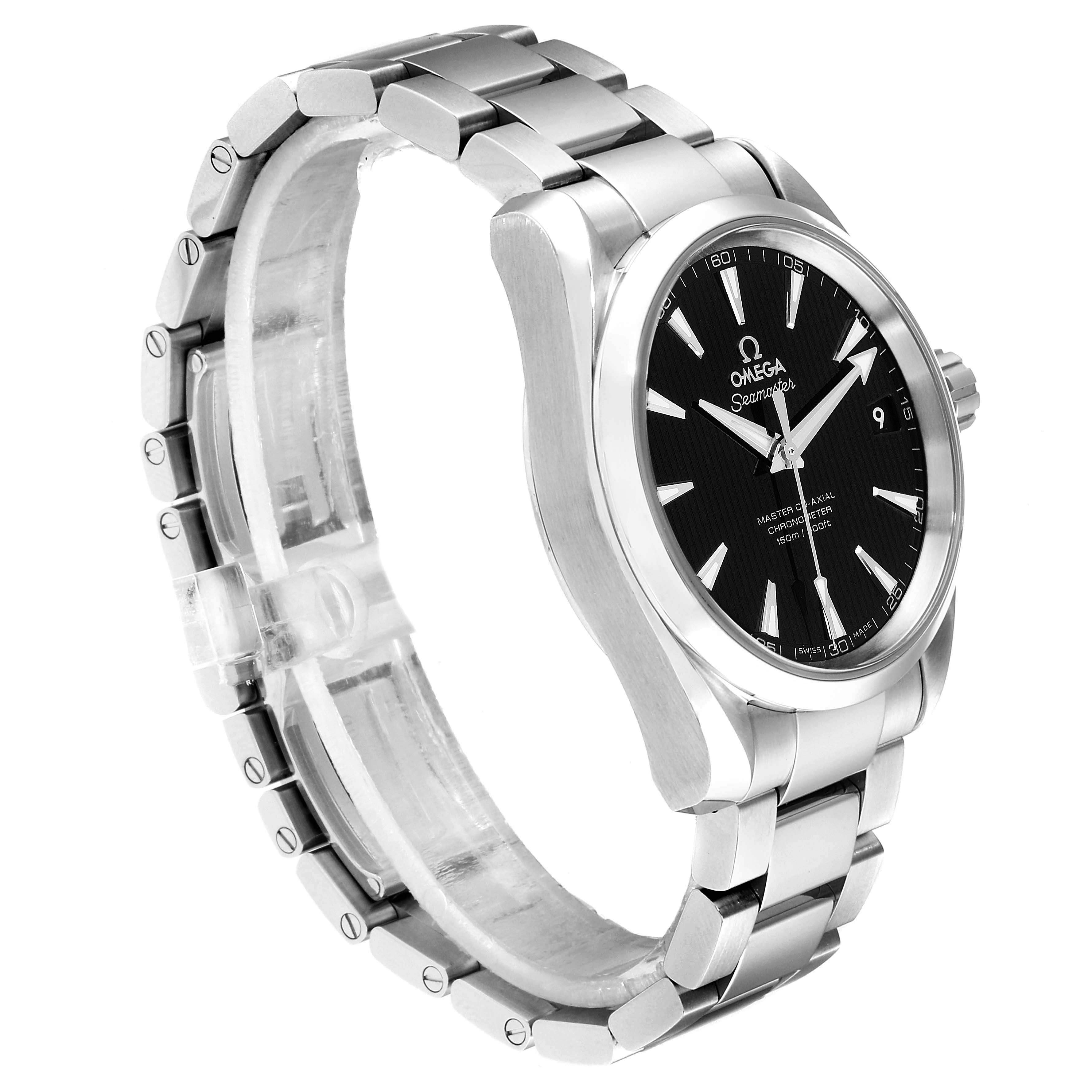 The image displays an angled view of the Omega Aqua Terra 231.10.39.21.01.002 Men
s Stainless Steel Black Dial 231.10.39.21.01.002 Men
s Stainless Steel Black Dial watch, showcasing its dial, bezel, and bracelet.