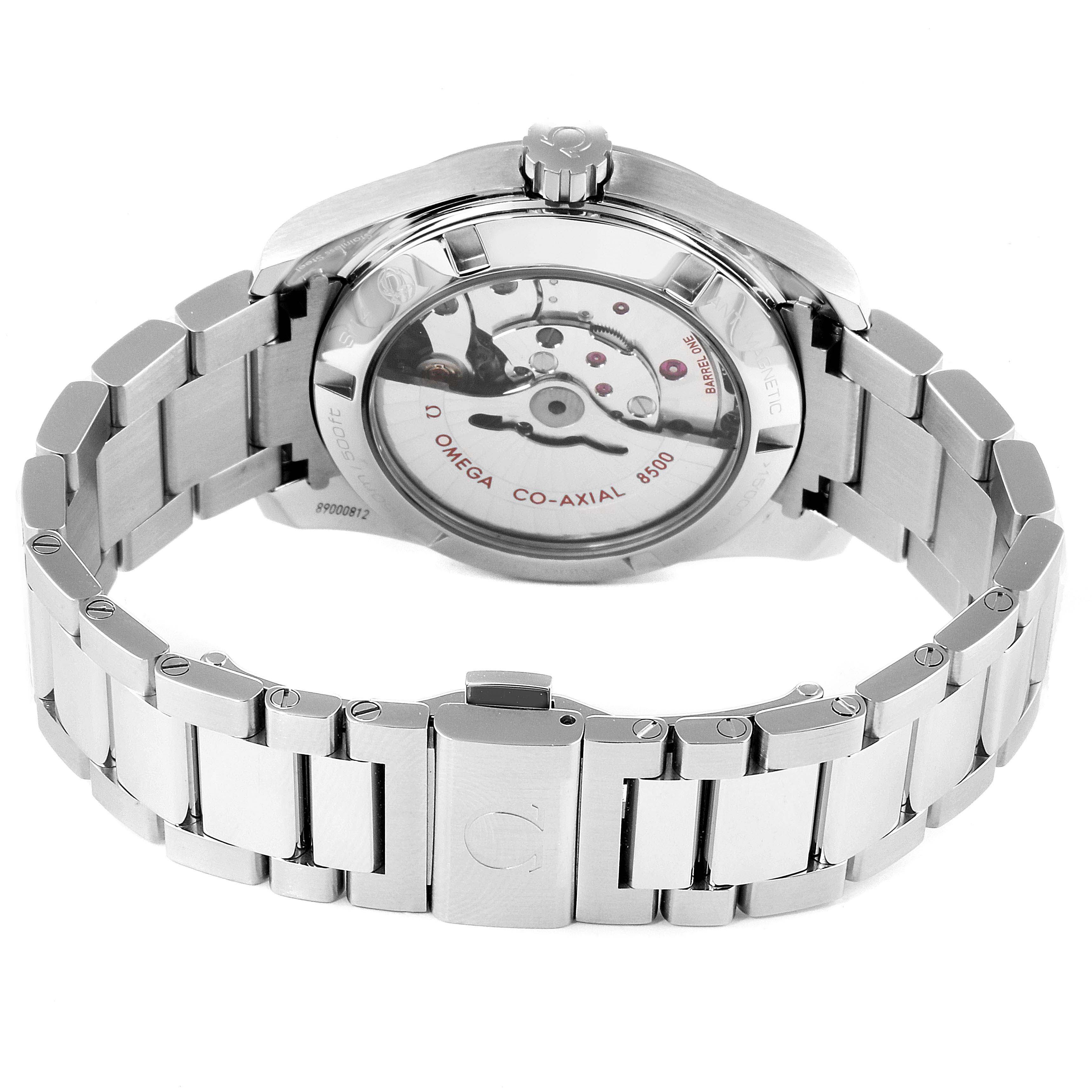 The image shows the back view of the Omega Aqua Terra 231.10.39.21.01.002 Men
s Stainless Steel Black Dial 231.10.39.21.01.002 Men
s Stainless Steel Black Dial watch, highlighting its stainless steel bracelet and transparent case back.