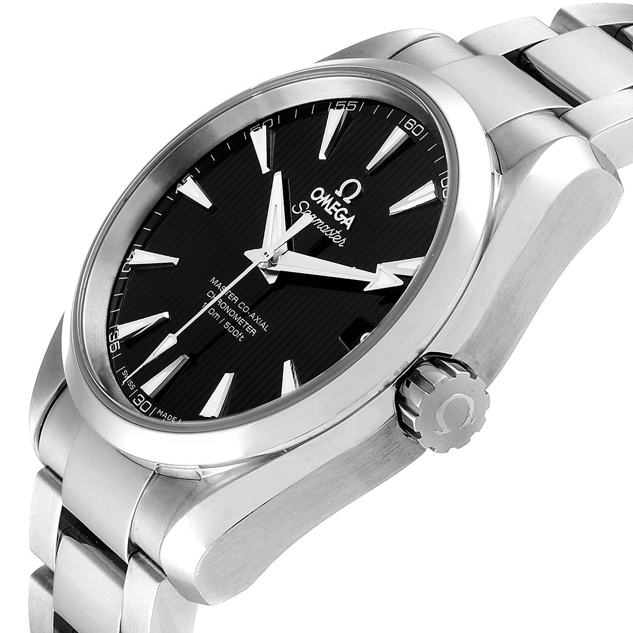 The image shows the dial, bezel, crown, and part of the bracelet of the Omega Aqua Terra 231.10.39.21.01.002 Men
s Stainless Steel Black Dial 231.10.39.21.01.002 Men
s Stainless Steel Black Dial watch from an oblique angle.