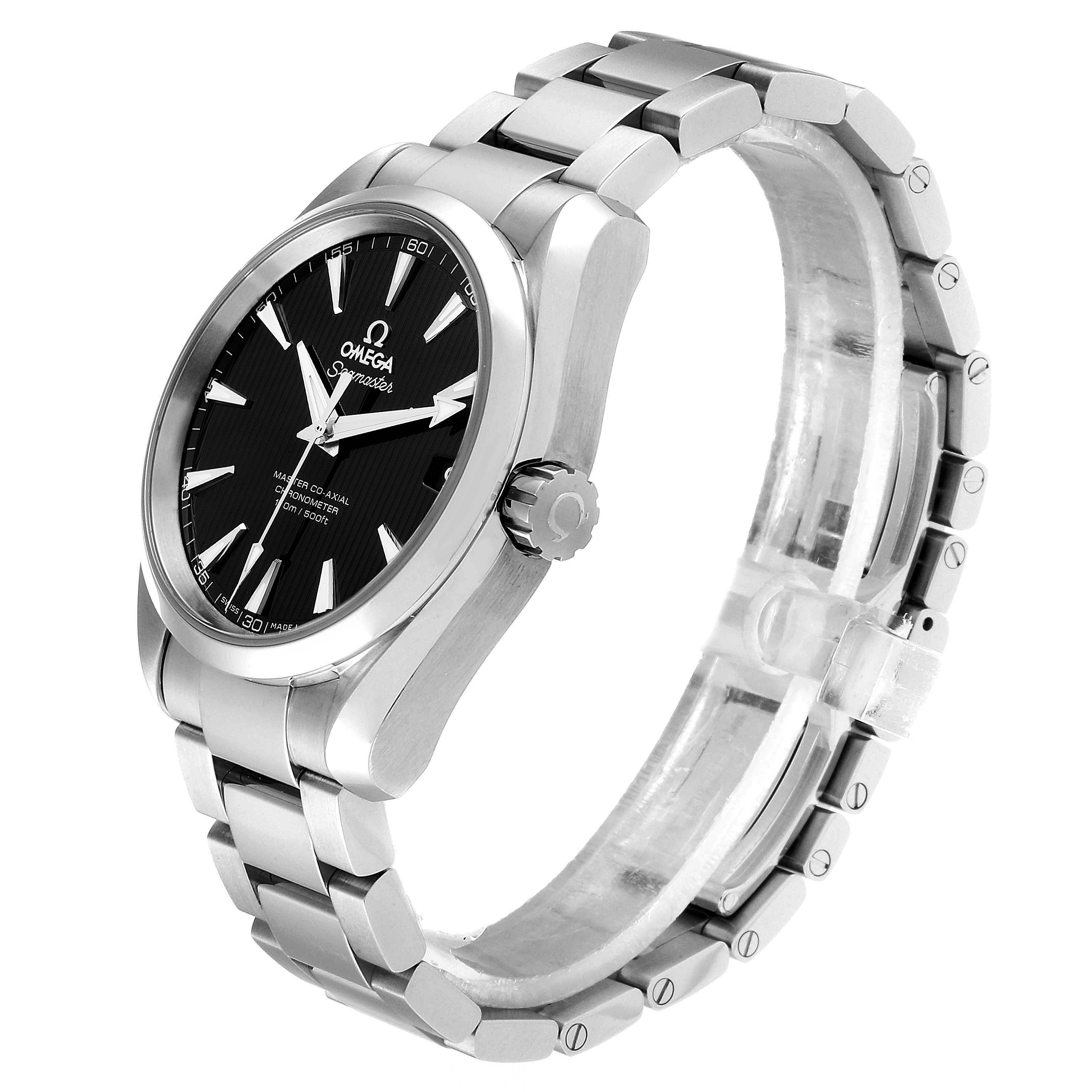The Omega Aqua Terra 231.10.39.21.01.002 Men
s Stainless Steel Black Dial 231.10.39.21.01.002 Men
s Stainless Steel Black Dial watch is shown at a 3/4 angle, displaying the face, crown, and metal bracelet.