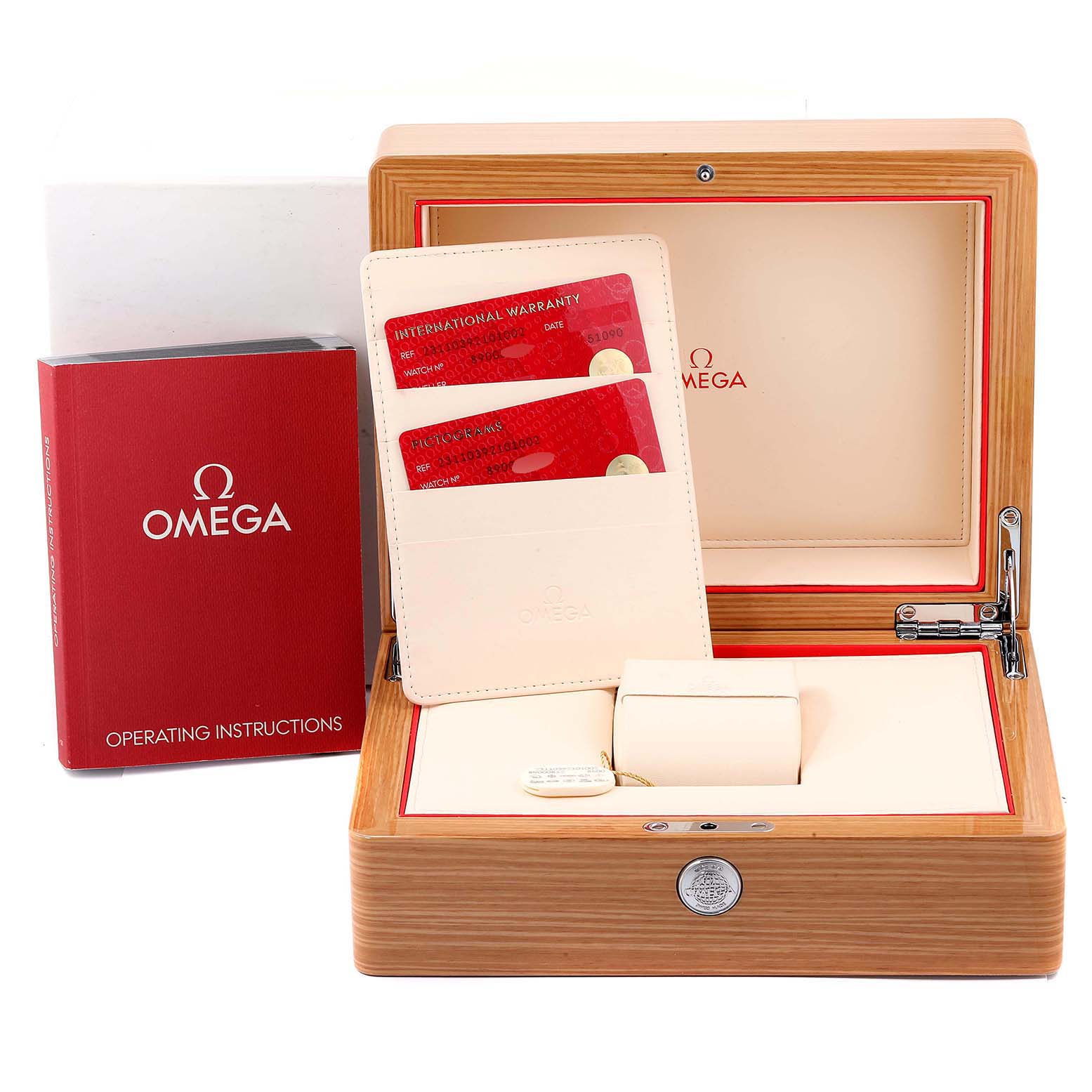 The image shows the Omega Aqua Terra 231.10.39.21.01.002 Men
s Stainless Steel Black Dial 231.10.39.21.01.002 Men
s Stainless Steel Black Dial watch box, warranty cards, and operating instructions from a front angle.
