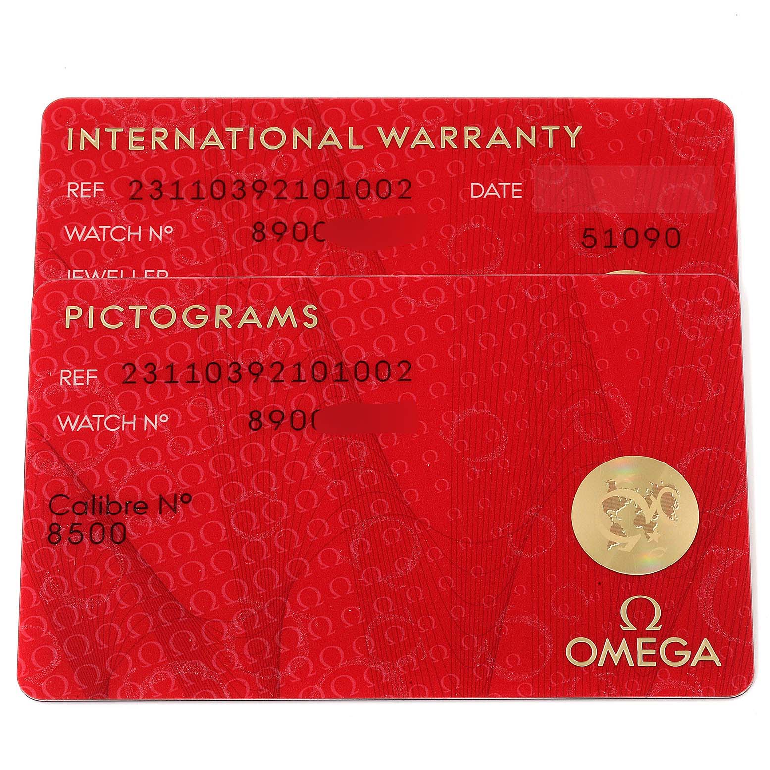 The image shows the international warranty and pictograms cards for the Omega Aqua Terra 231.10.39.21.01.002 Men
s Stainless Steel Black Dial 231.10.39.21.01.002 Men
s Stainless Steel Black Dial model watch.