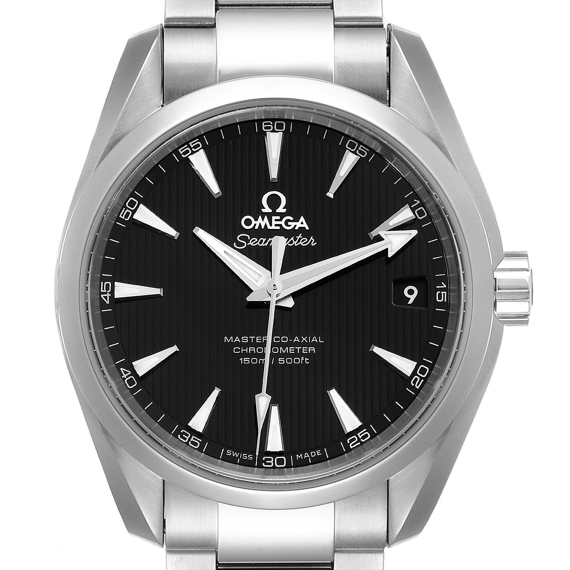 This image shows a front view of the Omega Aqua Terra 231.10.39.21.01.002 Men
s Stainless Steel Black Dial 231.10.39.21.01.002 Men
s Stainless Steel Black Dial watch, displaying the face, hands, and partial bracelet.