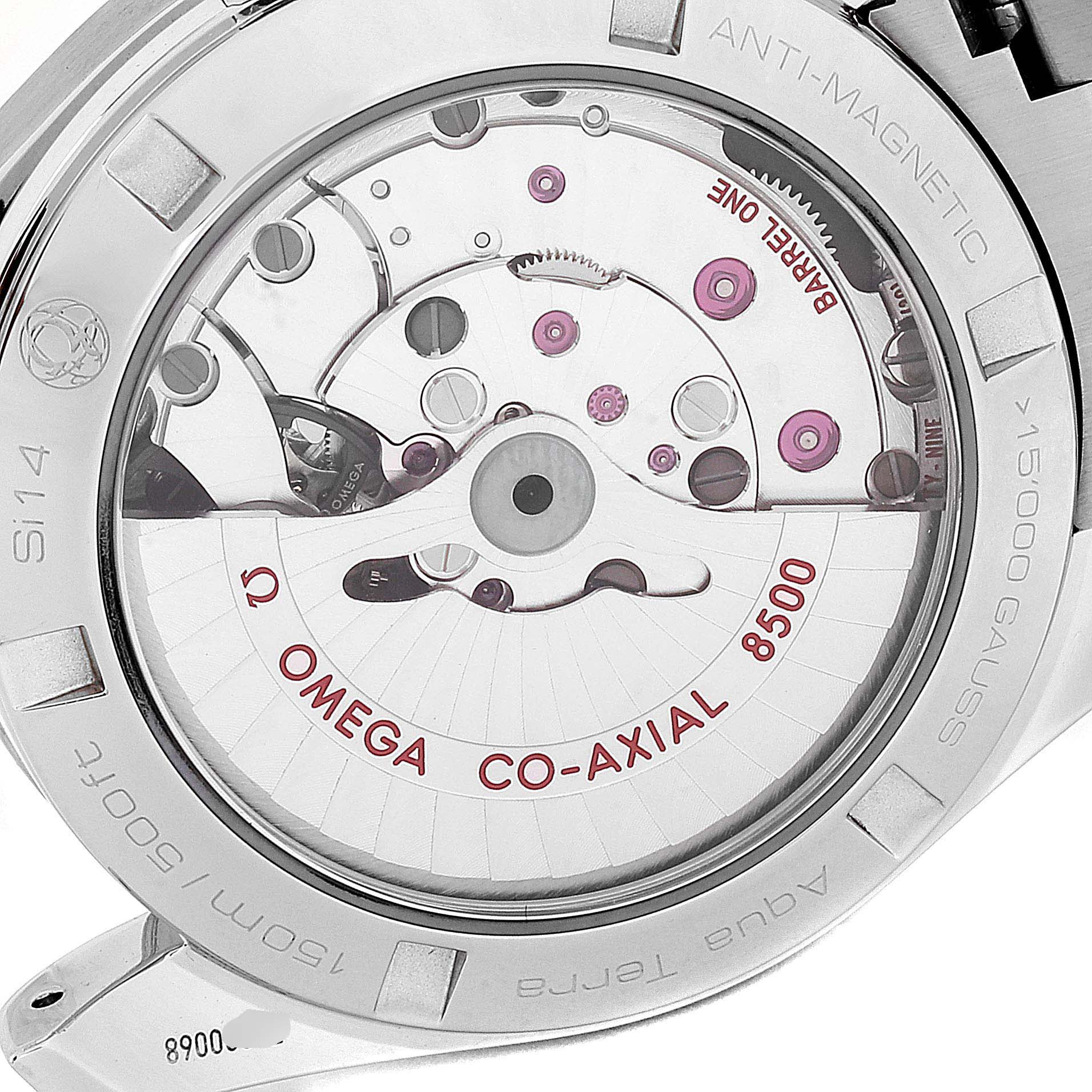 The image shows the back of the Omega Aqua Terra 231.10.39.21.01.002 Men
s Stainless Steel Black Dial 231.10.39.21.01.002 Men
s Stainless Steel Black Dial watch, displaying its internal mechanism and "Omega Co-Axial 8500" inscription.