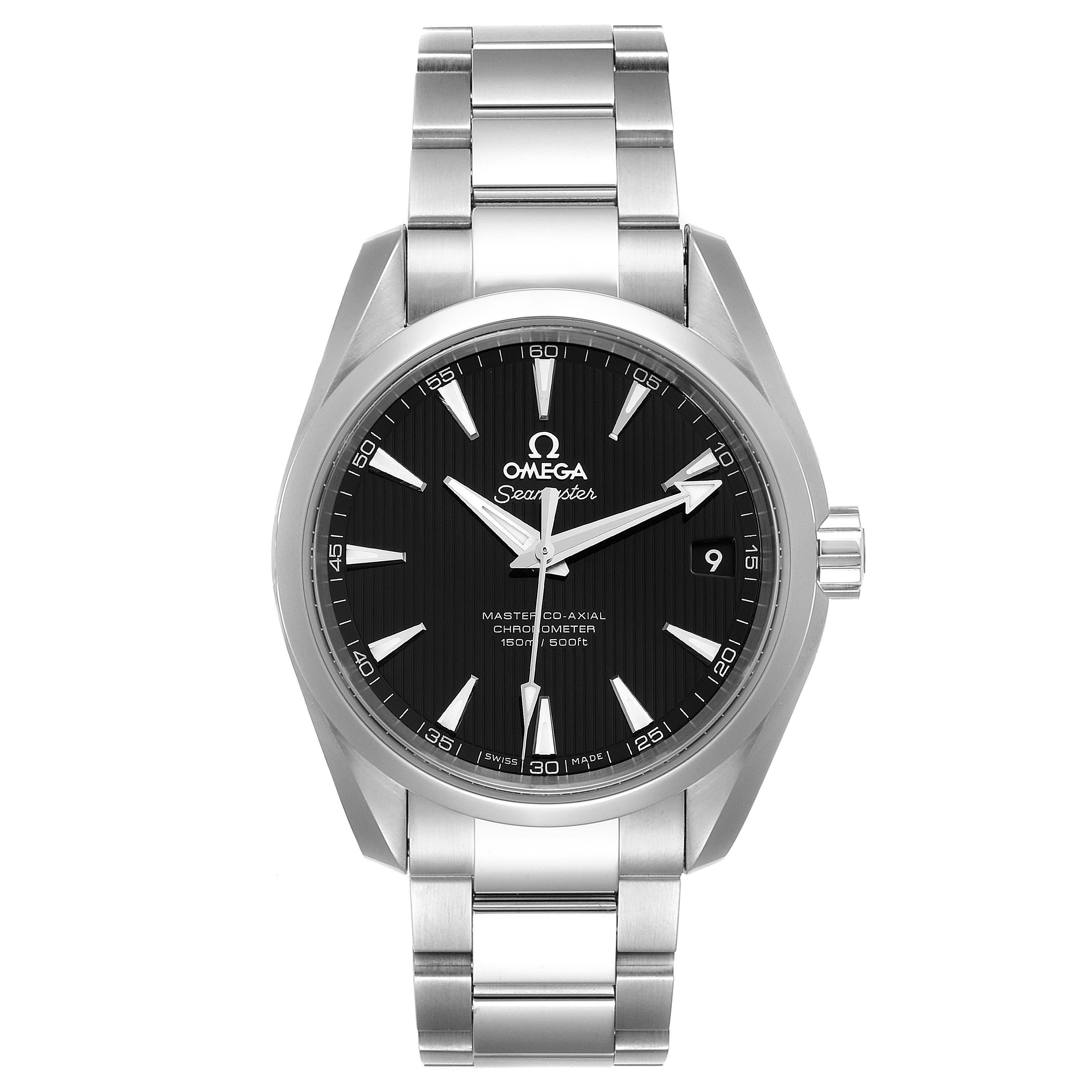 The image shows a front view of the Omega Aqua Terra 231.10.39.21.01.002 Men
s Stainless Steel Black Dial 231.10.39.21.01.002 Men
s Stainless Steel Black Dial watch, displaying its face and bracelet.