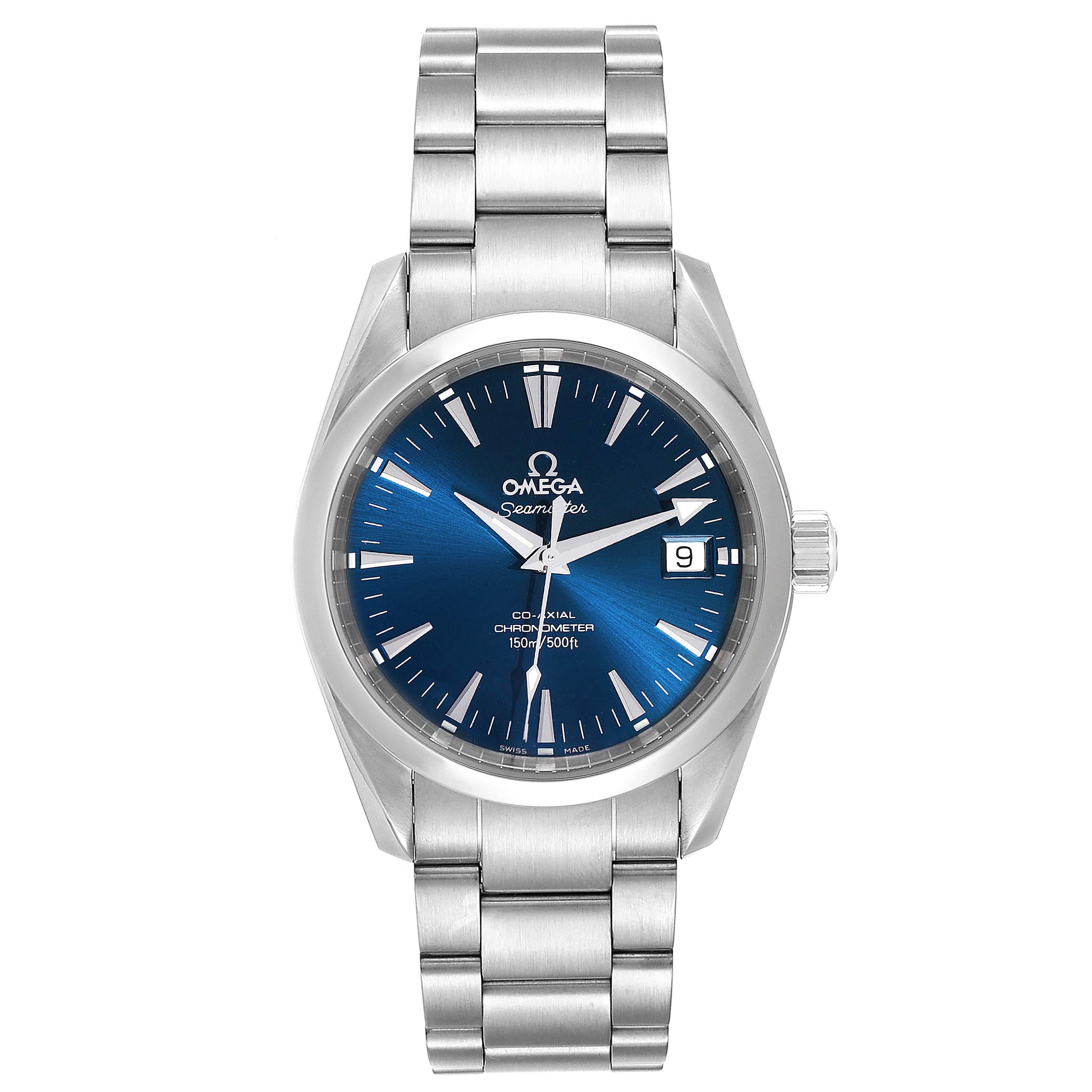 The image shows a frontal view of an Omega Aqua Terra 2504.80.00 Men
s Stainless Steel Blue Dial 2504.80.00 Men
s Stainless Steel Blue Dial watch, highlighting its blue dial, silver bracelet, and date display.