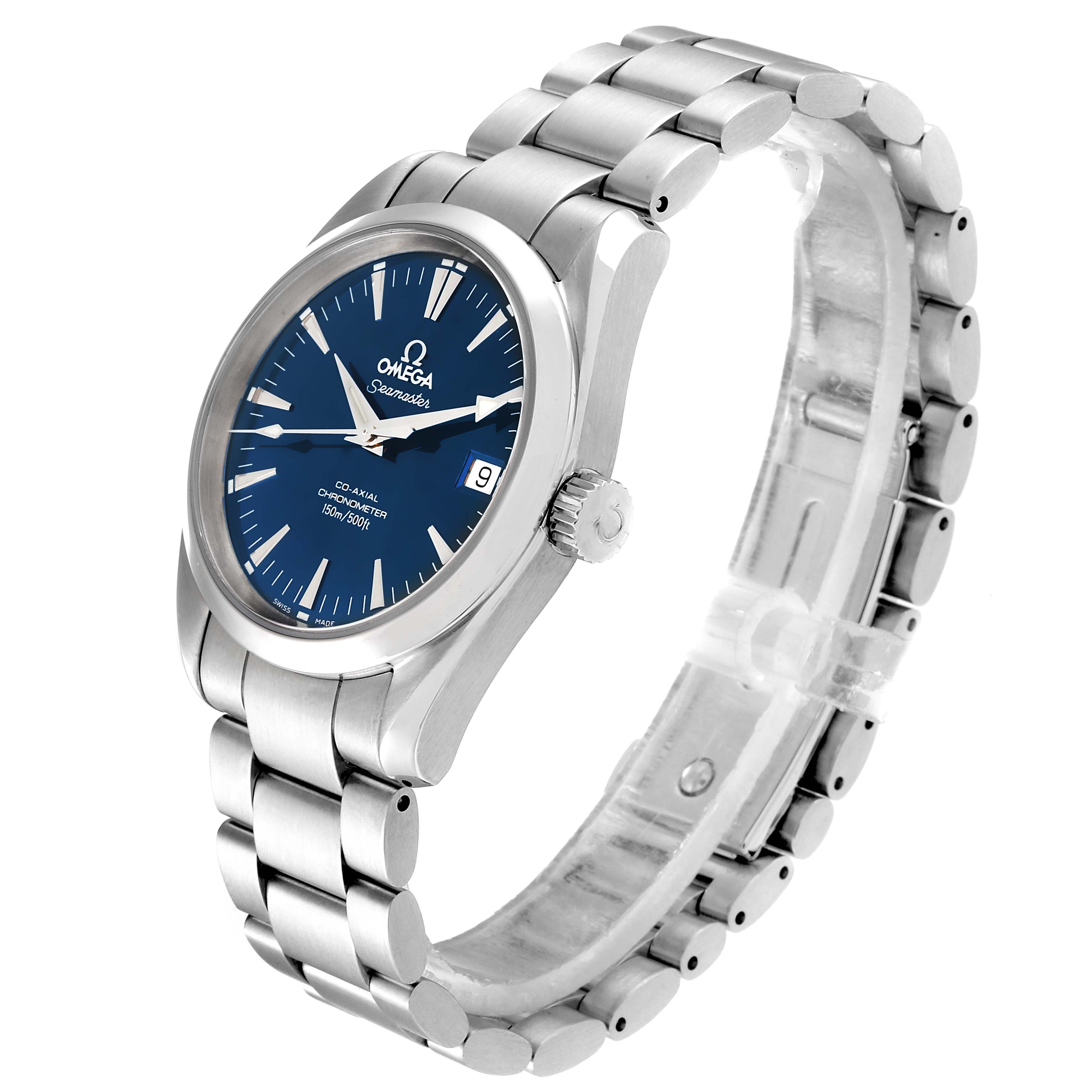 This image shows an Omega Aqua Terra 2504.80.00 Men
s Stainless Steel Blue Dial 2504.80.00 Men
s Stainless Steel Blue Dial watch angled slightly to the left, highlighting its blue dial, date display, and stainless steel bracelet.