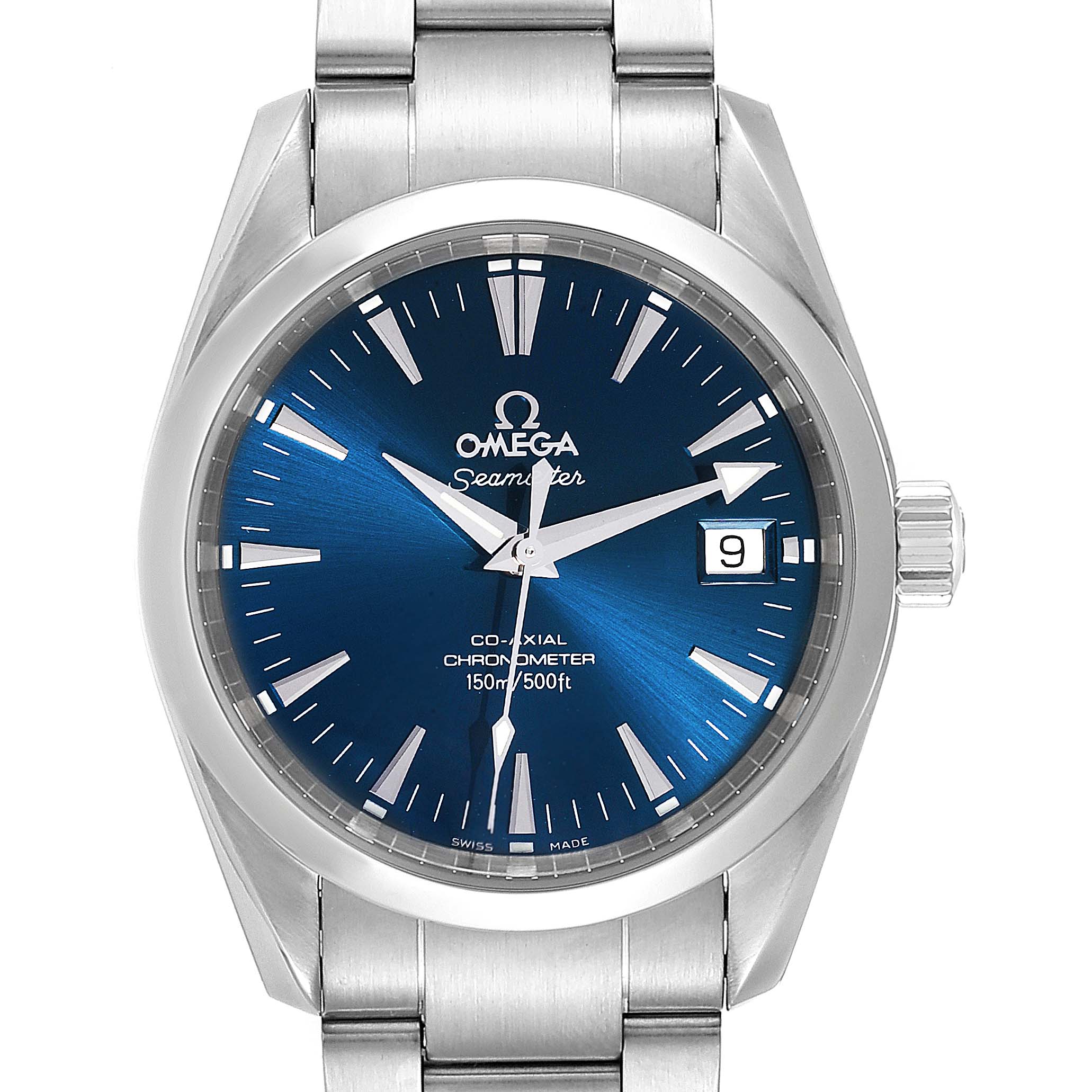 The image shows the Omega Aqua Terra 2504.80.00 Men
s Stainless Steel Blue Dial 2504.80.00 Men
s Stainless Steel Blue Dial model watch, displaying the face, crown, and part of the metal bracelet from a front angle.