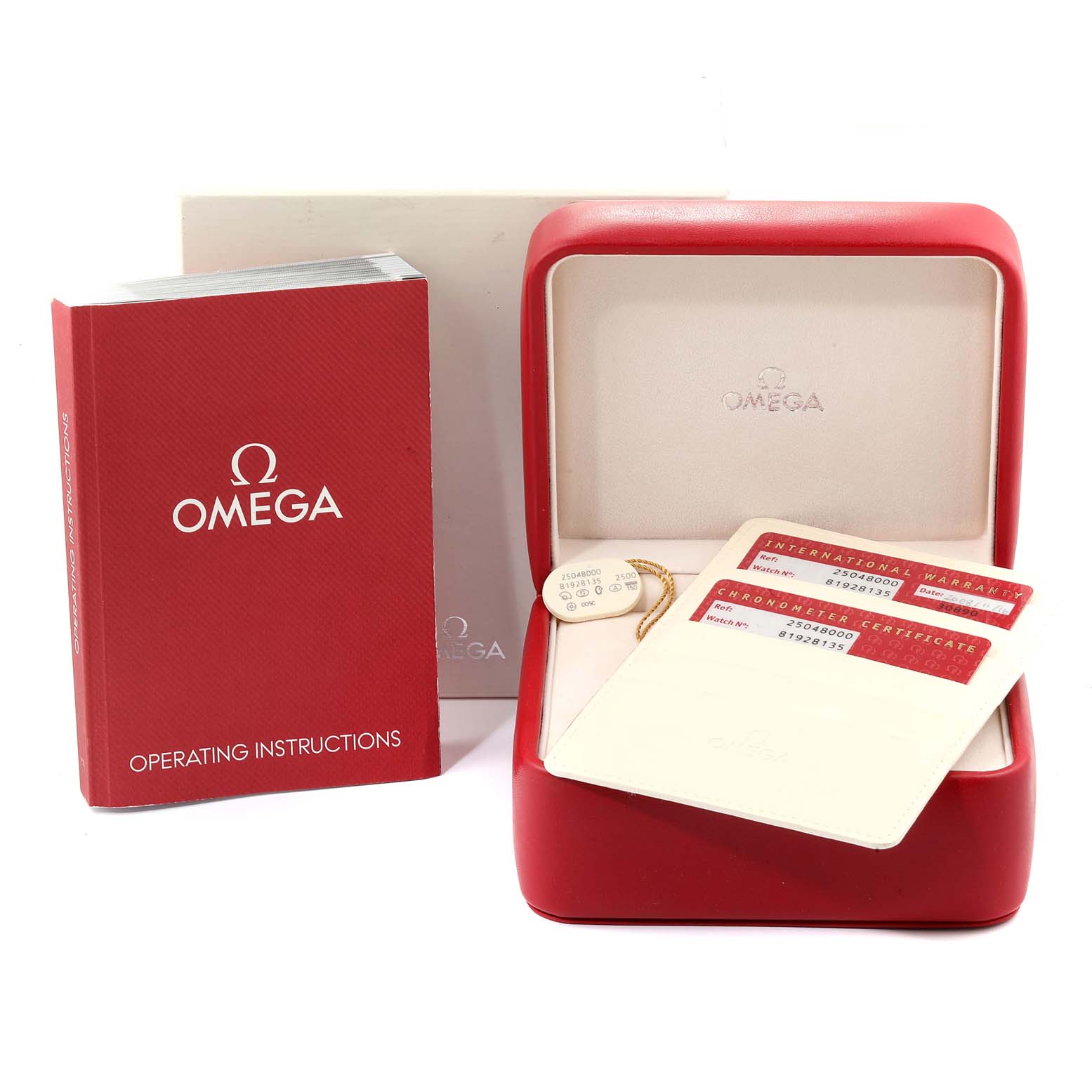 The image shows the packaging, warranty cards, and operating instructions for the Omega Aqua Terra 2504.80.00 Men
s Stainless Steel Blue Dial 2504.80.00 Men
s Stainless Steel Blue Dial watch.