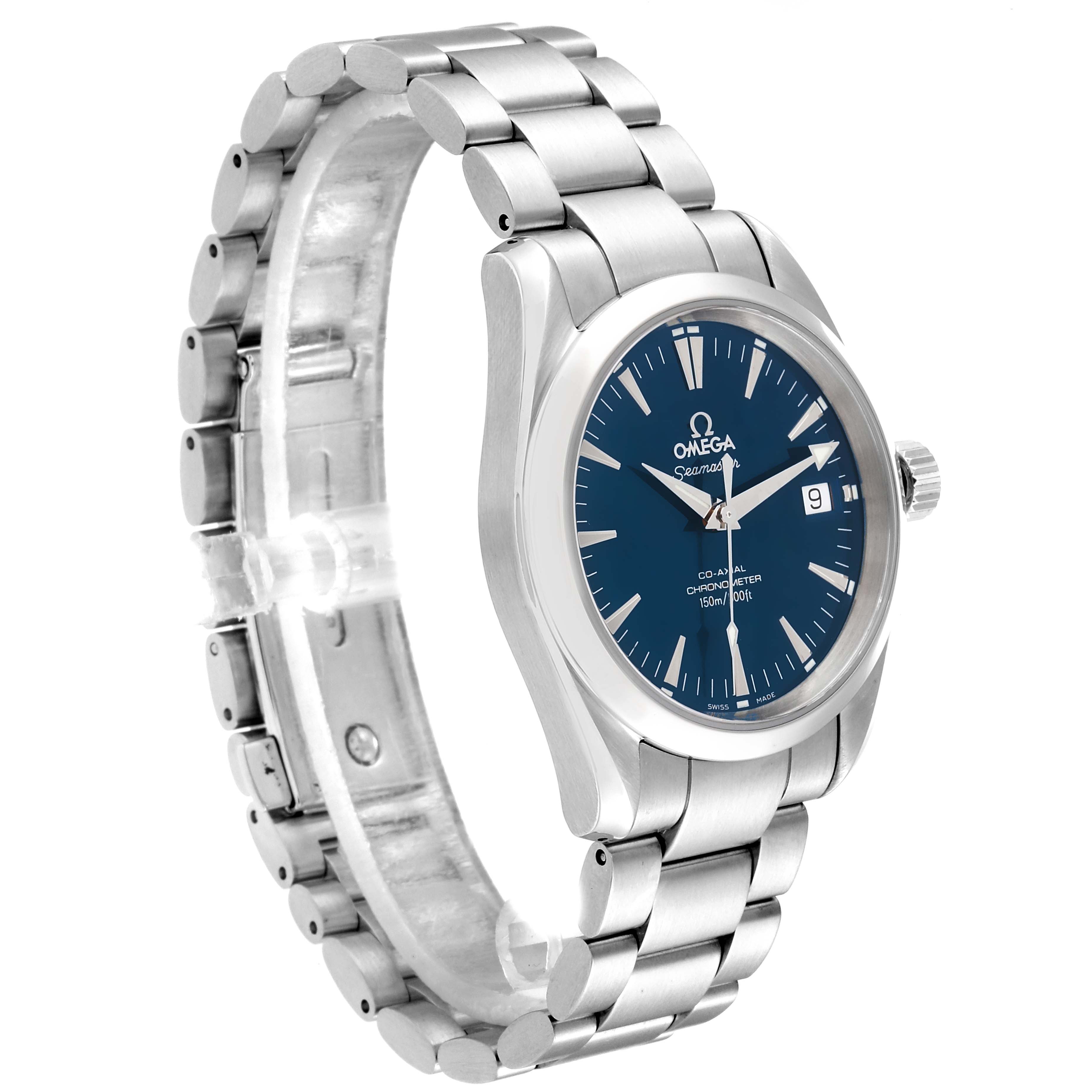 The image shows an Omega Aqua Terra 2504.80.00 Men
s Stainless Steel Blue Dial 2504.80.00 Men
s Stainless Steel Blue Dial watch angled to display the face, bezel, crown, and a part of the stainless steel bracelet.