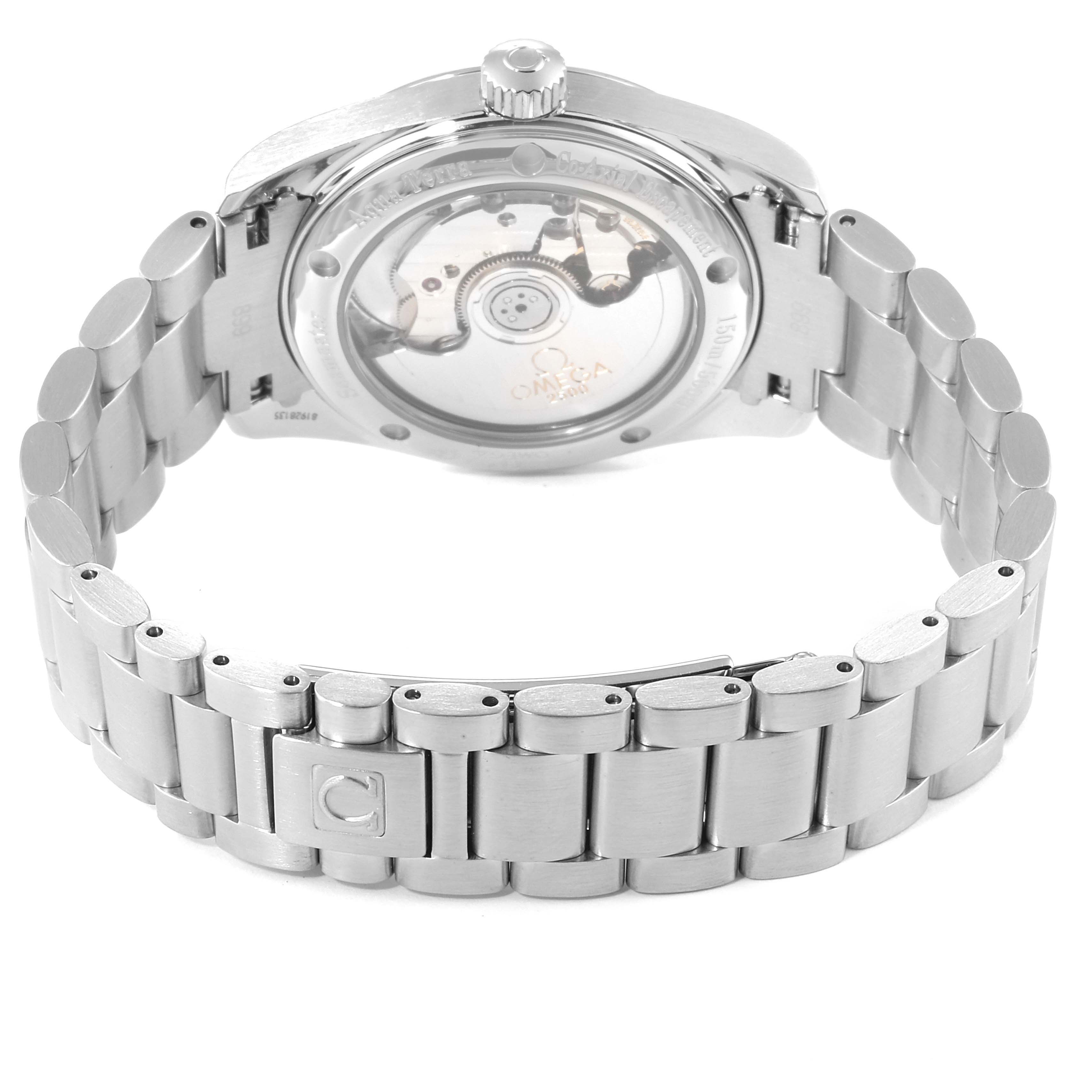 The image shows the back case and bracelet of the Omega Aqua Terra 2504.80.00 Men
s Stainless Steel Blue Dial 2504.80.00 Men
s Stainless Steel Blue Dial watch, highlighting its transparent case back and metal band.