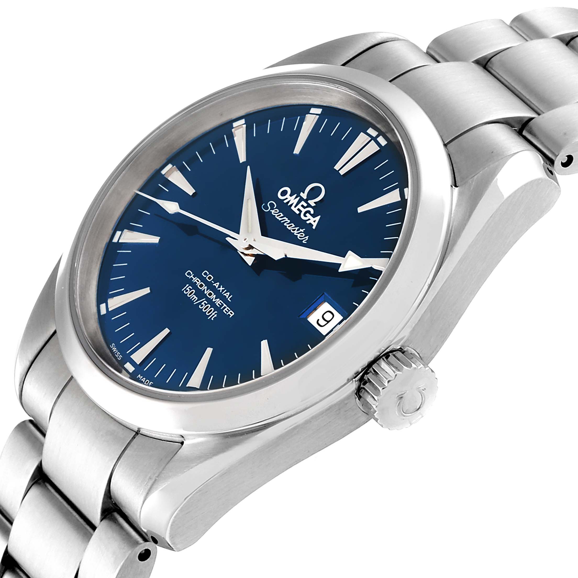 This image shows a side angle of the Omega Aqua Terra 2504.80.00 Men
s Stainless Steel Blue Dial 2504.80.00 Men
s Stainless Steel Blue Dial watch, displaying its stainless steel bracelet, crown, and blue dial.