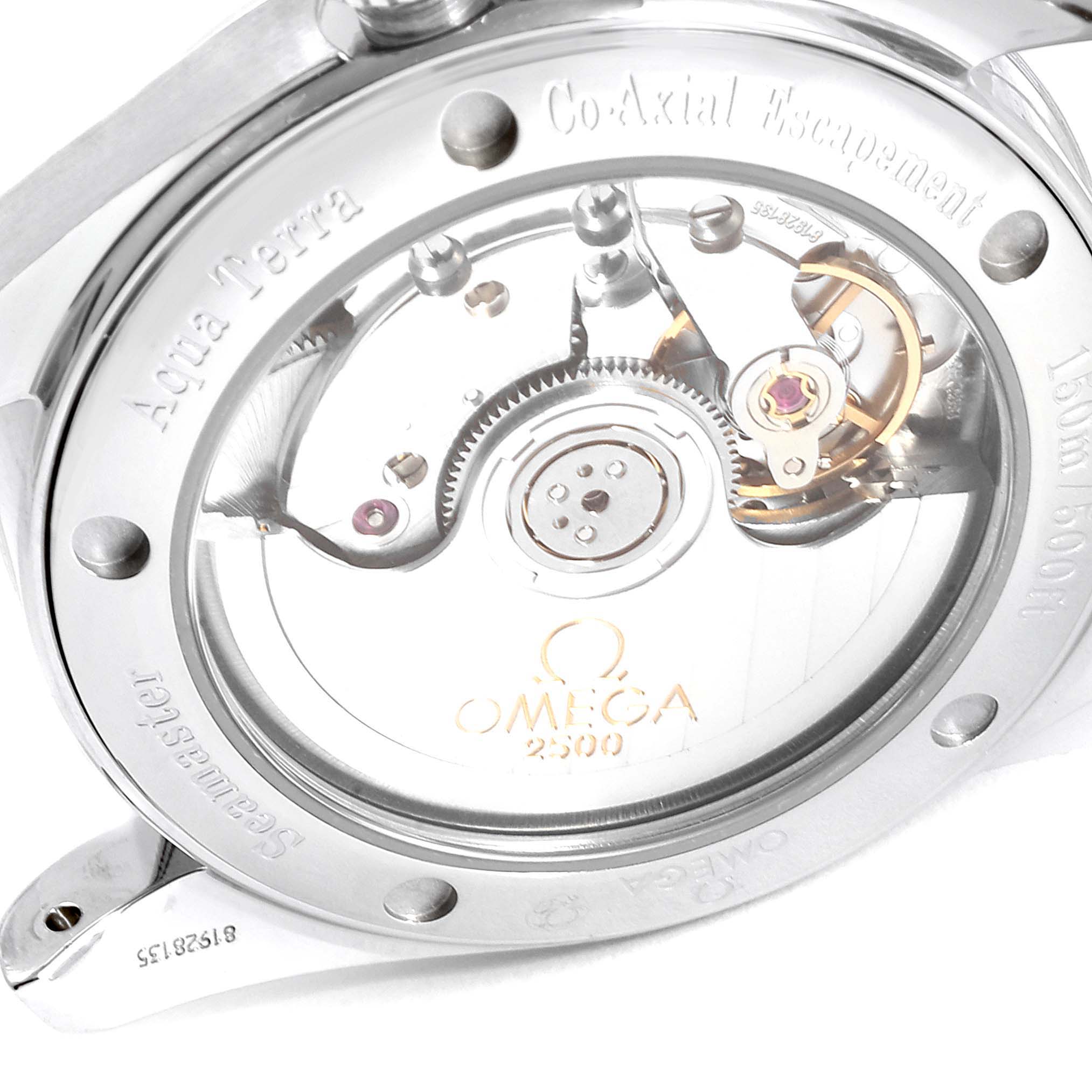 The image shows the rear, open caseback view of the Omega Aqua Terra 2504.80.00 Men
s Stainless Steel Blue Dial 2504.80.00 Men
s Stainless Steel Blue Dial watch, revealing its Co-Axial Escapement movement.