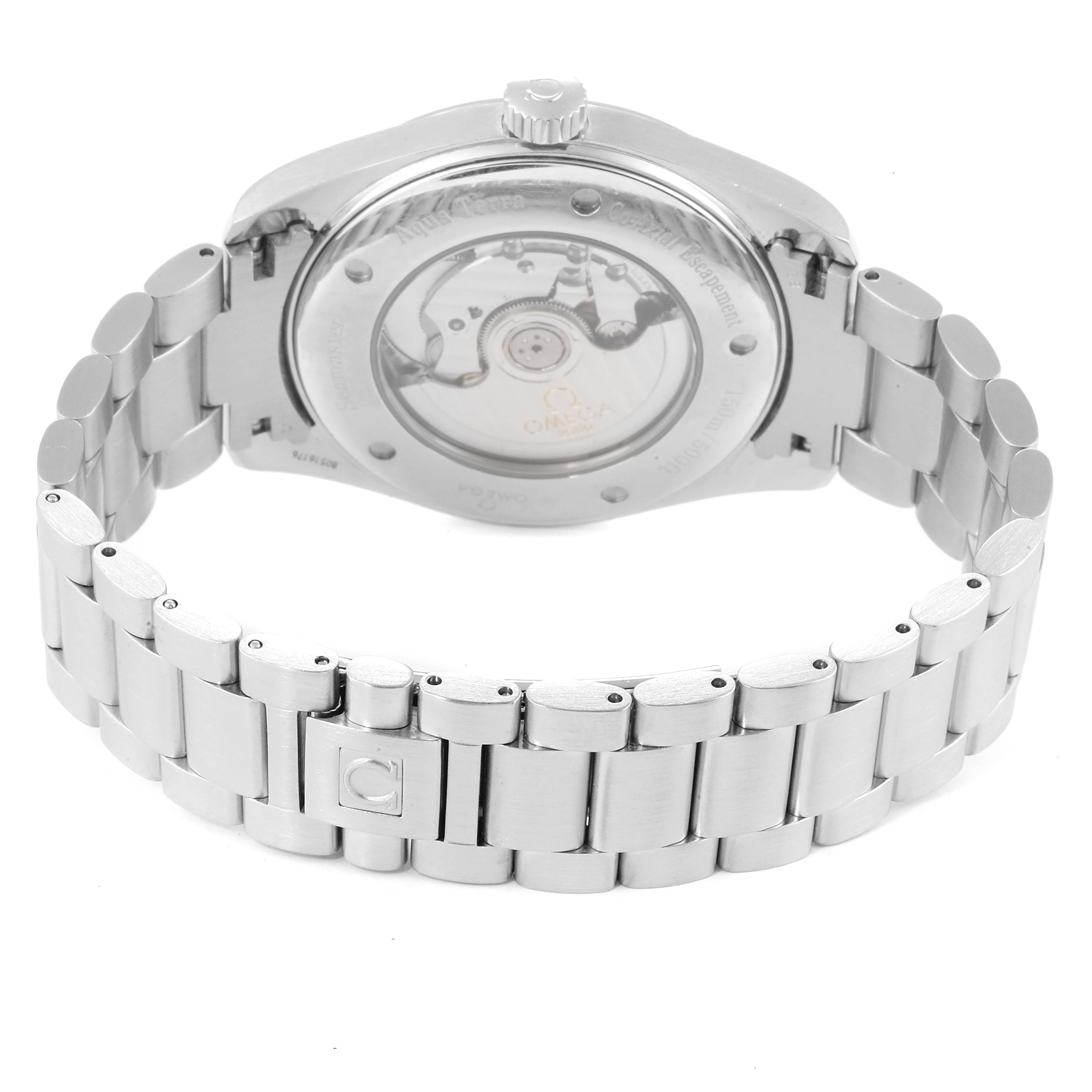 The image shows the back of an Omega Aqua Terra 2502.30.00  Men
s Stainless Steel Blue Dial 2502.30.00  Men
s Stainless Steel Blue Dial watch, highlighting the transparent case back and metal bracelet.