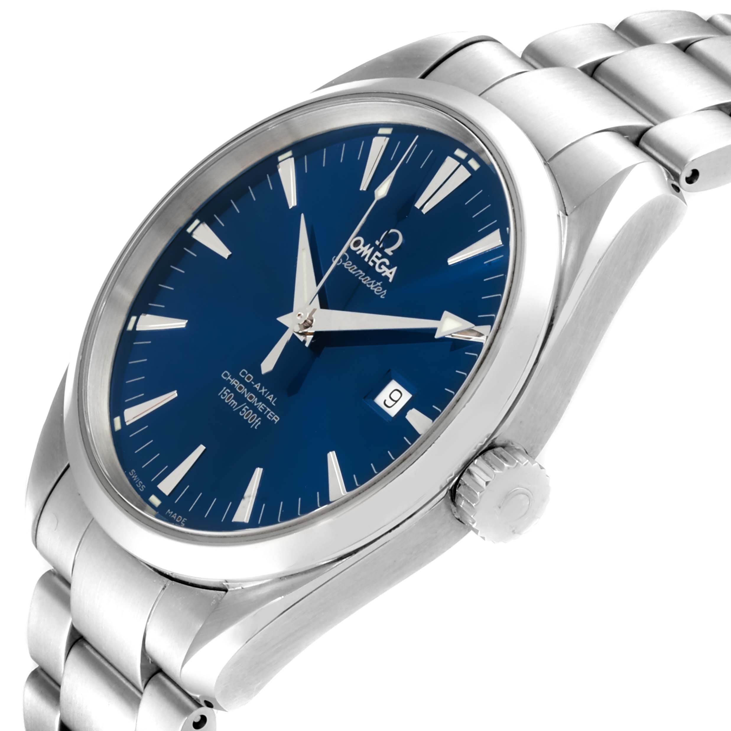 The Omega Aqua Terra 2502.30.00  Men
s Stainless Steel Blue Dial 2502.30.00  Men
s Stainless Steel Blue Dial watch is shown at a slightly tilted side angle, displaying the crown, bracelet, and the blue dial with indices and date window.