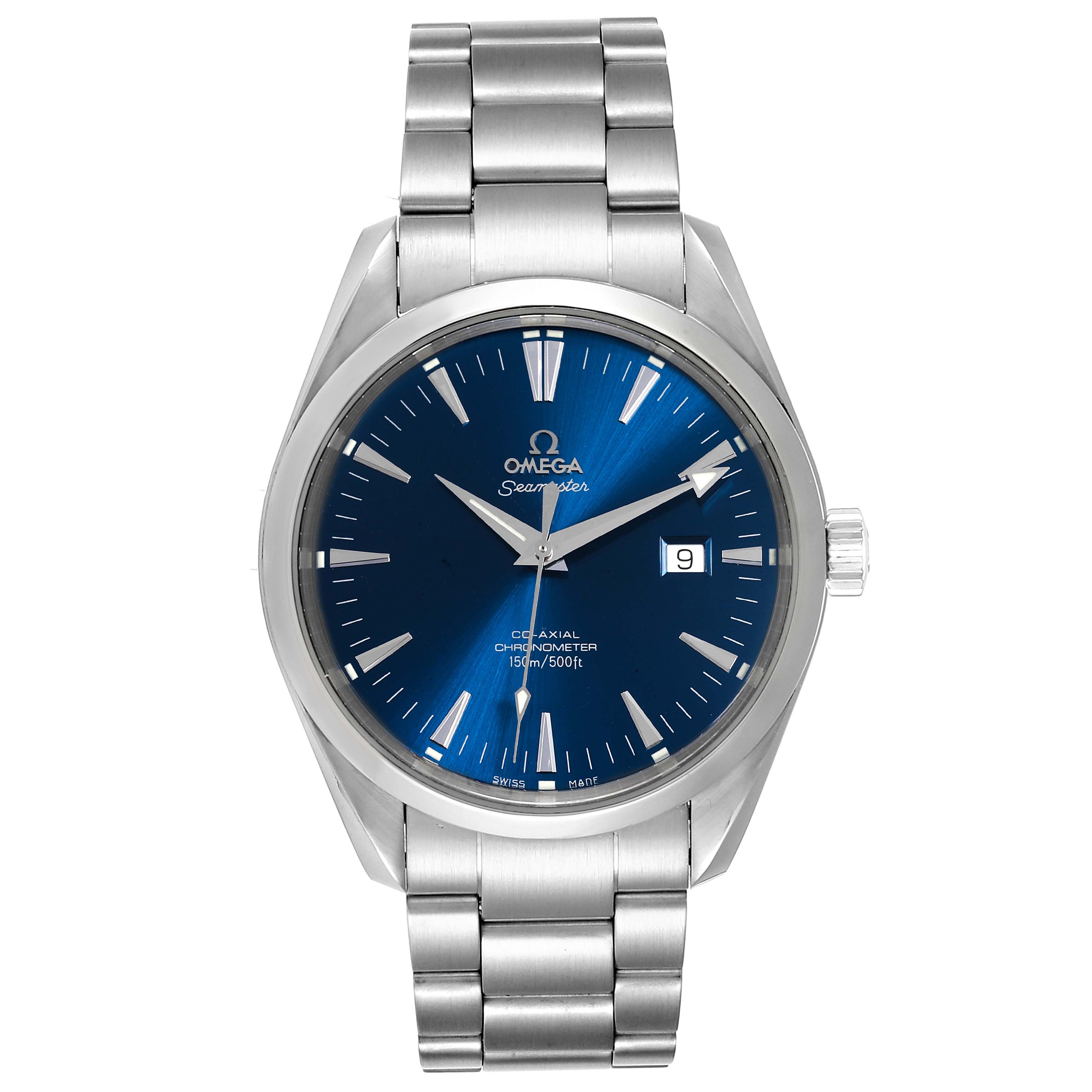 The image shows a front view of the Omega Seamaster Aqua Terra watch, highlighting the blue dial, date display, and metal bracelet.