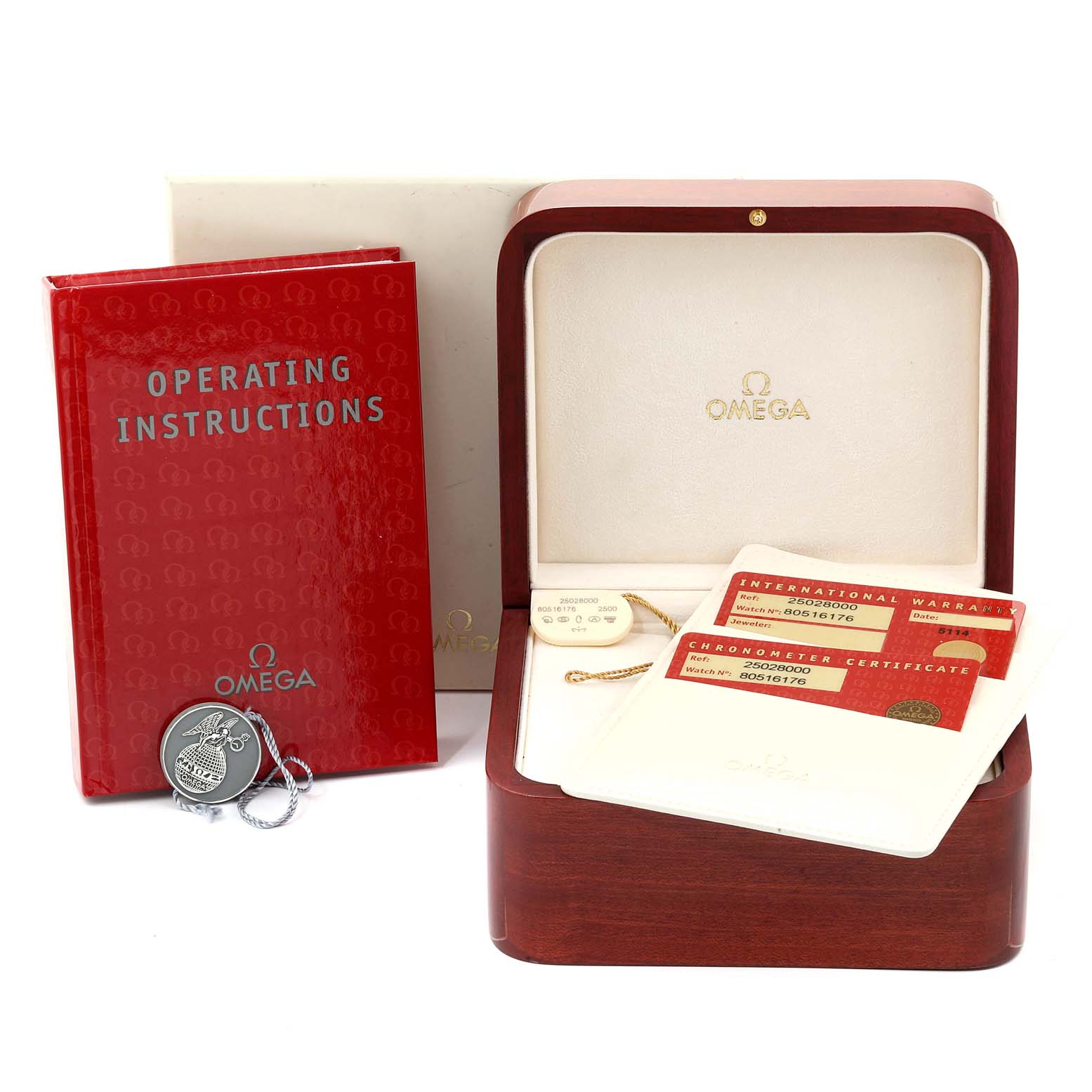 The image shows an Omega Aqua Terra 2502.30.00  Men
s Stainless Steel Blue Dial 2502.30.00  Men
s Stainless Steel Blue Dial watch box, operating instructions, warranty cards, a medallion, and the original packaging.