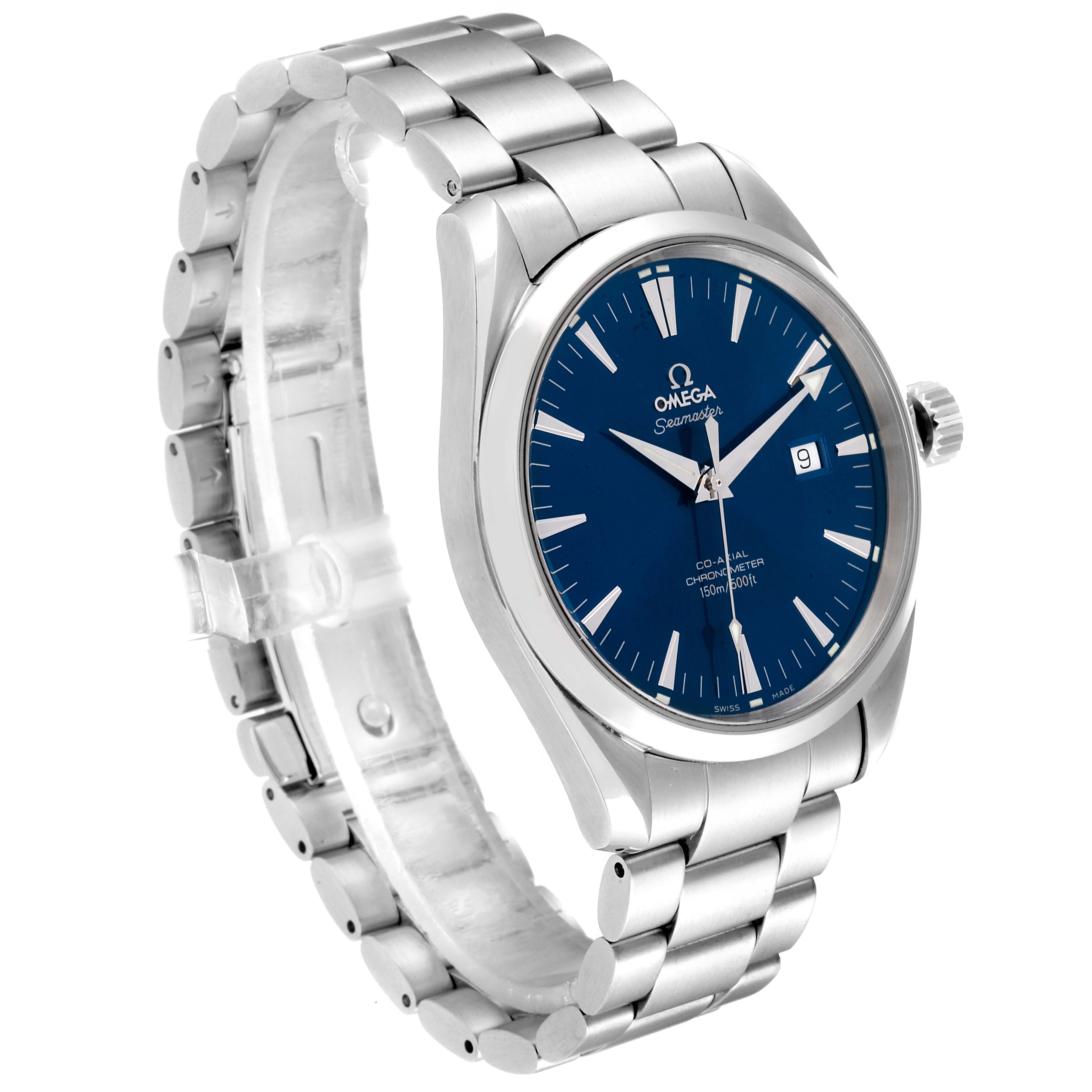The image shows an angled view of the Omega Aqua Terra 2502.30.00  Men
s Stainless Steel Blue Dial 2502.30.00  Men
s Stainless Steel Blue Dial watch, highlighting its face, bezel, crown, and bracelet.