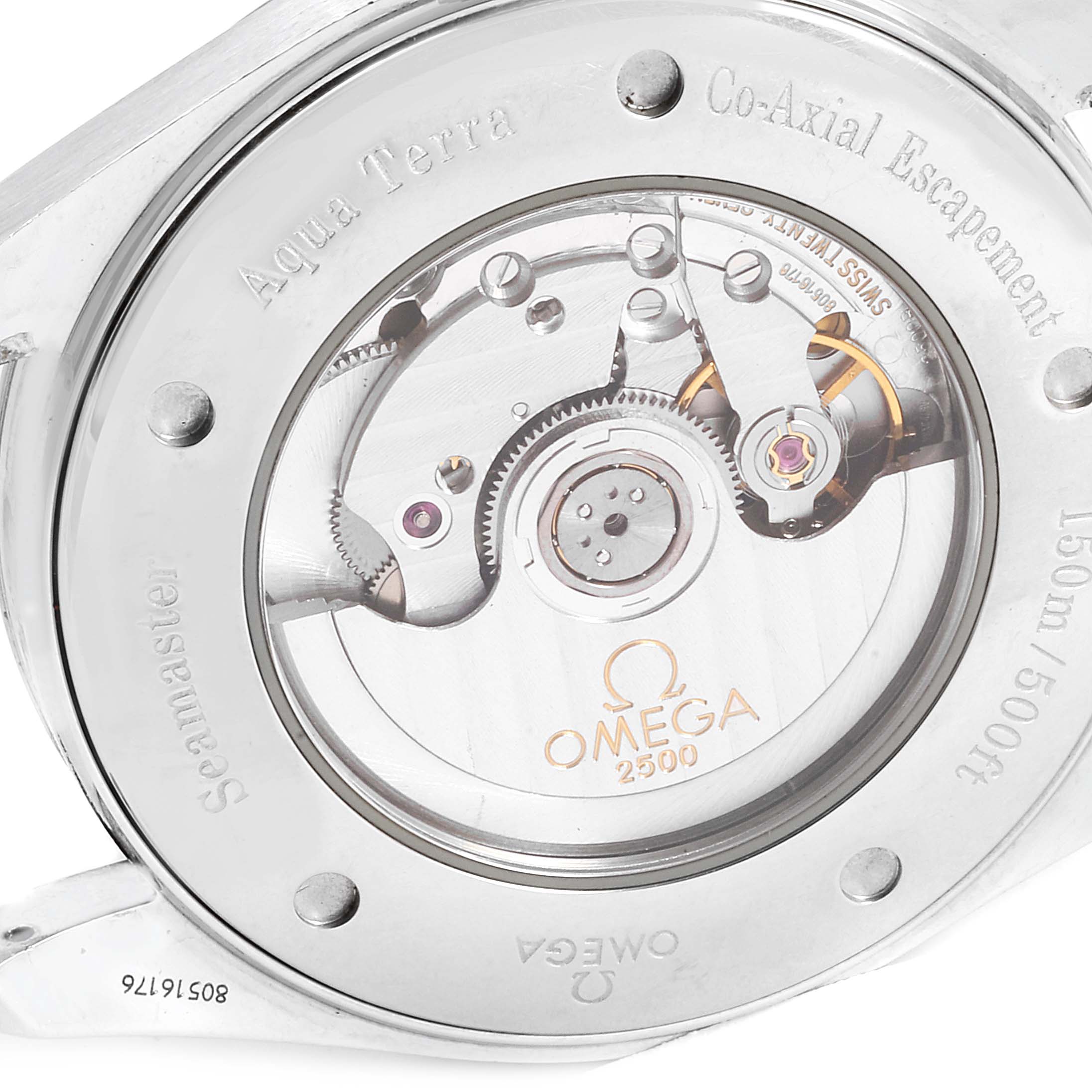 The image shows the back of an Omega Aqua Terra 2502.30.00  Men
s Stainless Steel Blue Dial 2502.30.00  Men
s Stainless Steel Blue Dial watch, highlighting the Co-Axial escapement and internal mechanics.