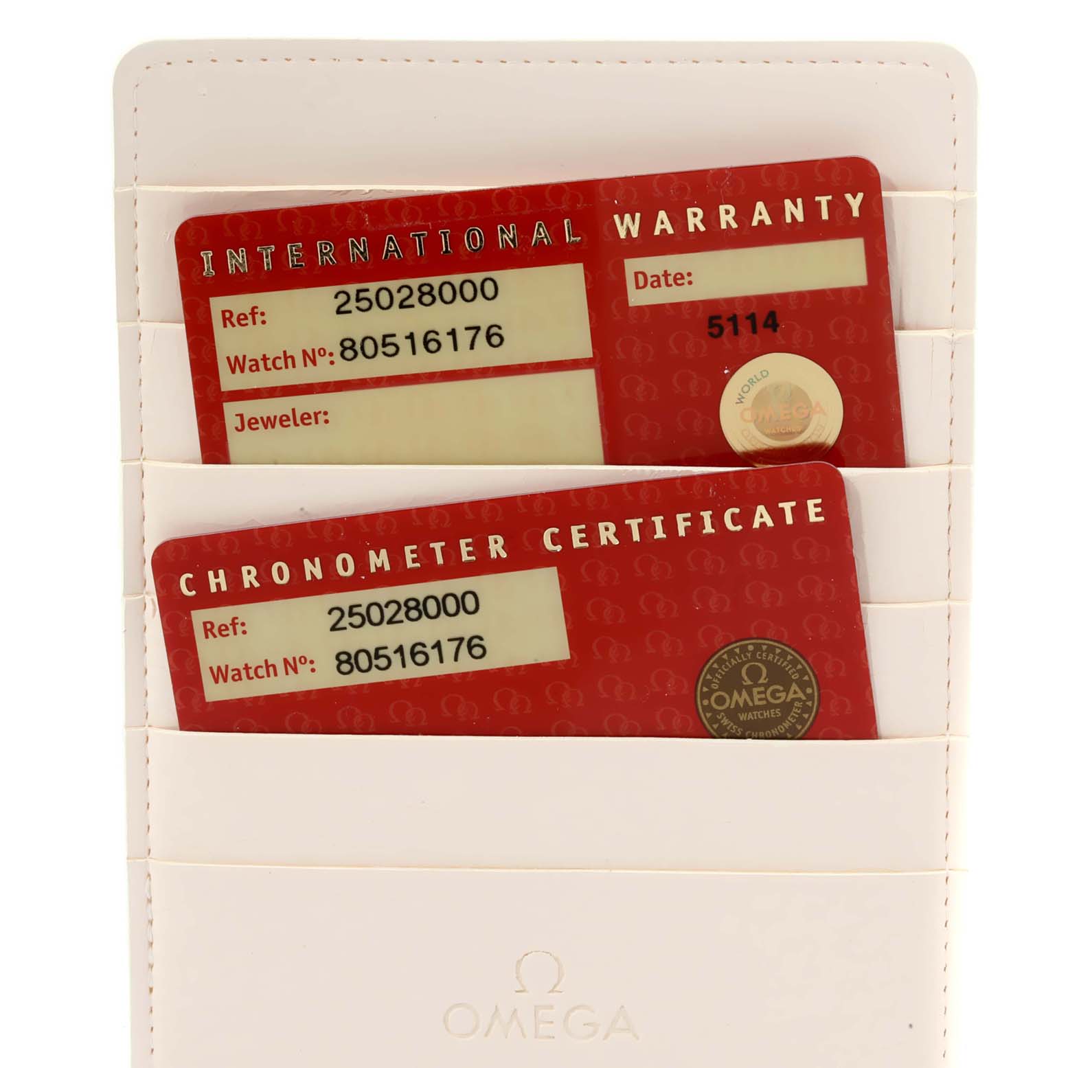 The image shows the Omega Aqua Terra 2502.30.00  Men
s Stainless Steel Blue Dial 2502.30.00  Men
s Stainless Steel Blue Dial model
s international warranty and chronometer certificate cards in a case.