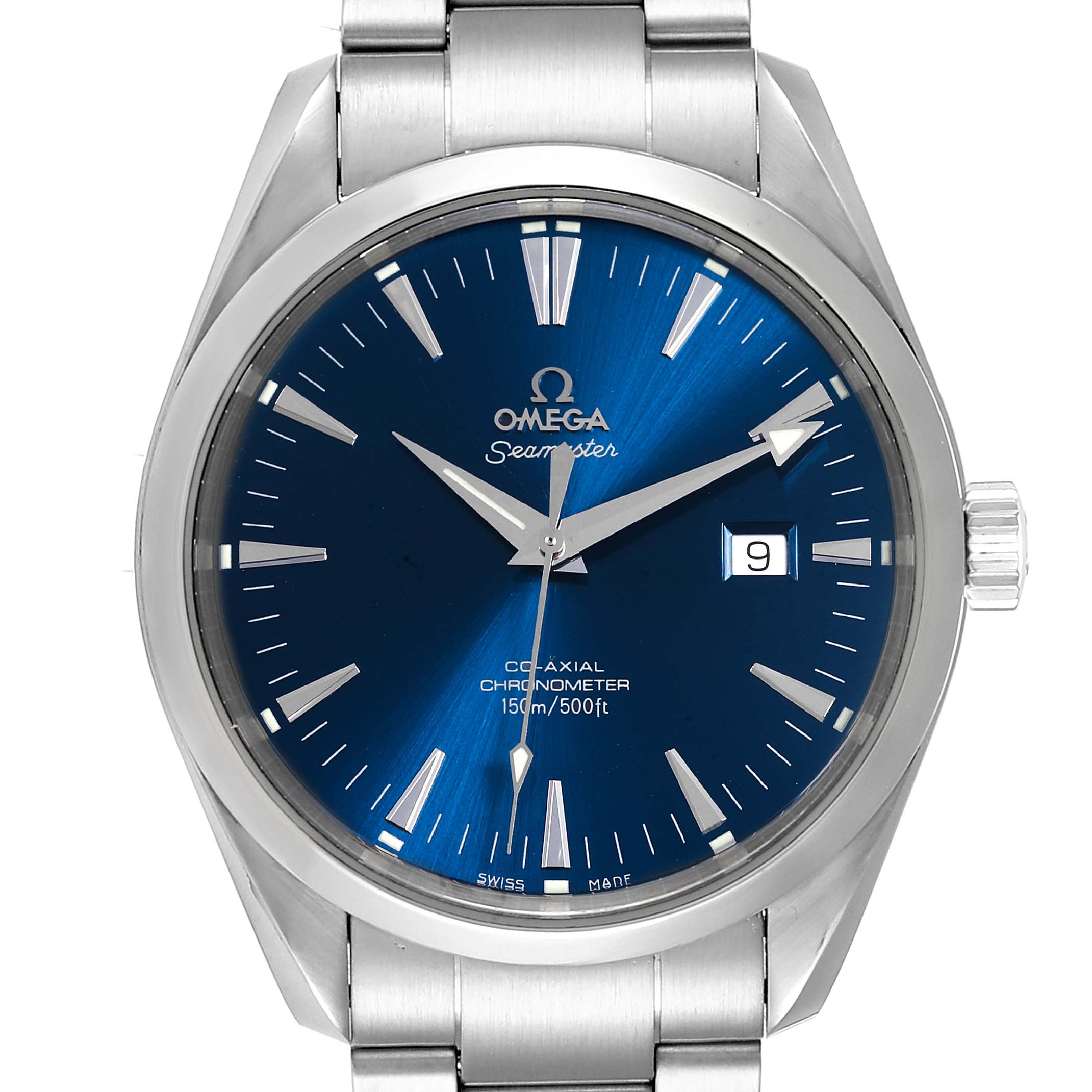 The image shows a front view of the Omega Aqua Terra 2502.30.00  Men
s Stainless Steel Blue Dial 2502.30.00  Men
s Stainless Steel Blue Dial watch, highlighting the blue dial, date display, and bracelet.