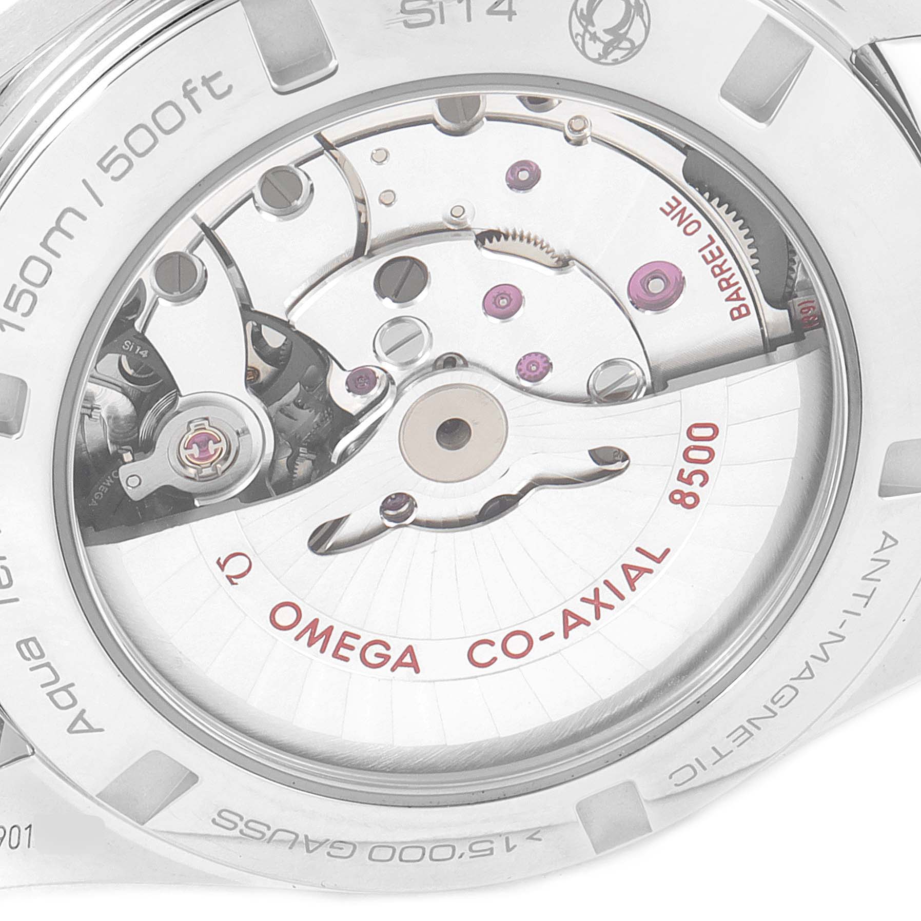 The image shows the back side of an Omega Aqua Terra 231.13.42.21.03.001 Men
s Stainless Steel Blue Dial 231.13.42.21.03.001 Men
s Stainless Steel Blue Dial watch, revealing its internal Co-Axial movement mechanism.