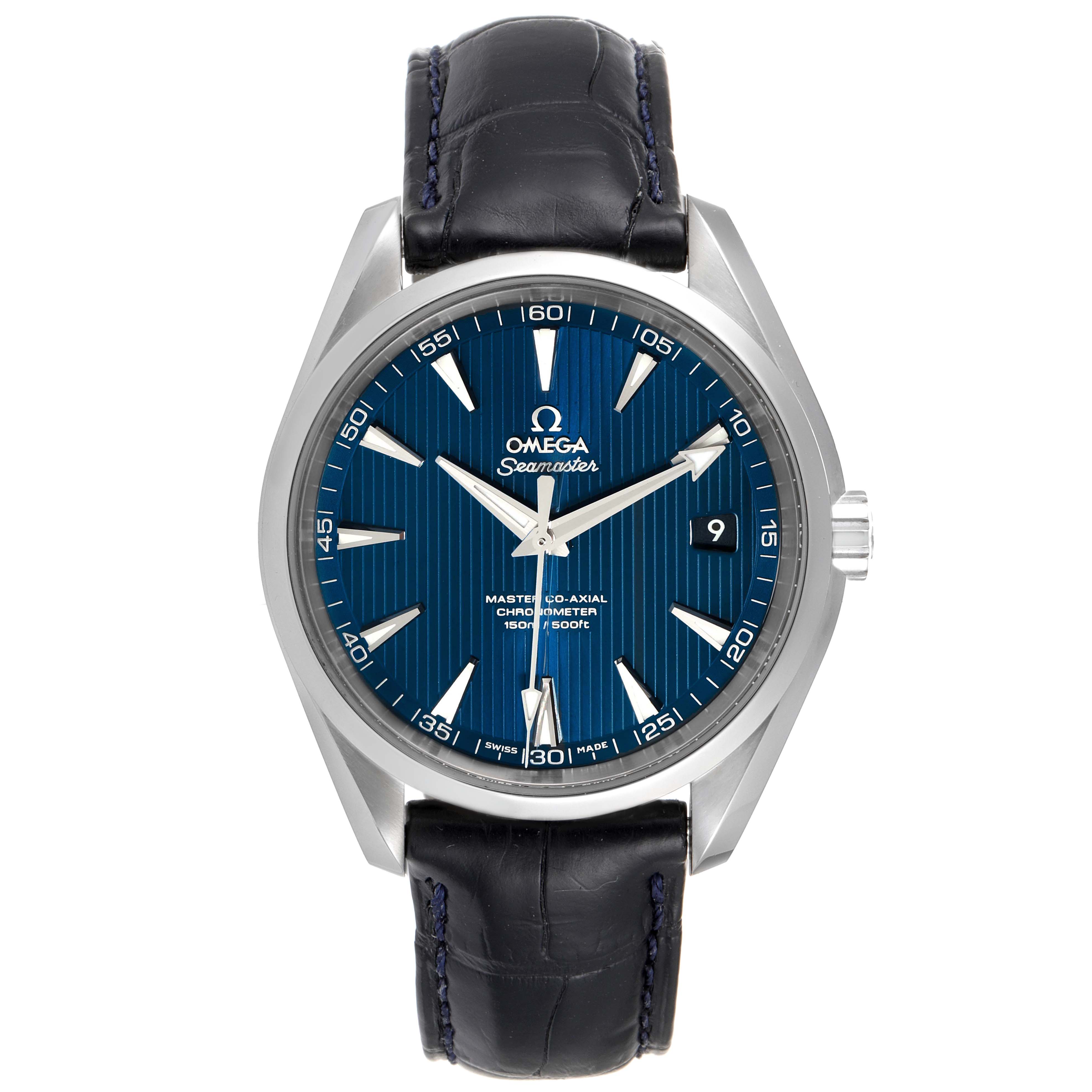 The image shows an Omega Aqua Terra 231.13.42.21.03.001 Men
s Stainless Steel Blue Dial 231.13.42.21.03.001 Men
s Stainless Steel Blue Dial watch from a frontal angle, displaying its face, dial, hands, date window, and strap.
