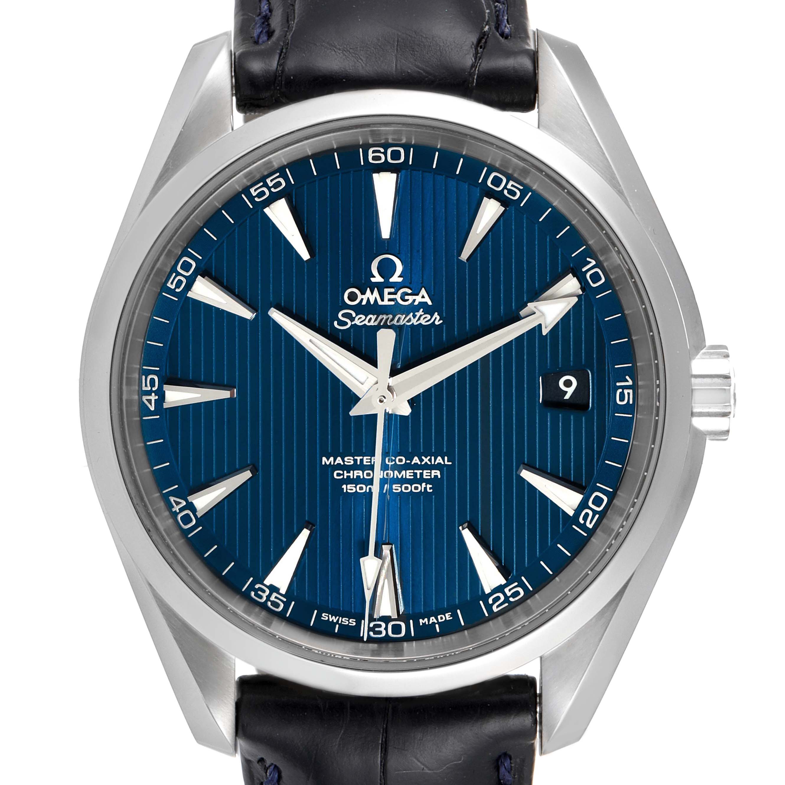 Front view of the Omega Aqua Terra 231.13.42.21.03.001 Men
s Stainless Steel Blue Dial 231.13.42.21.03.001 Men
s Stainless Steel Blue Dial watch showing the face, bezel, crown, and part of the strap.