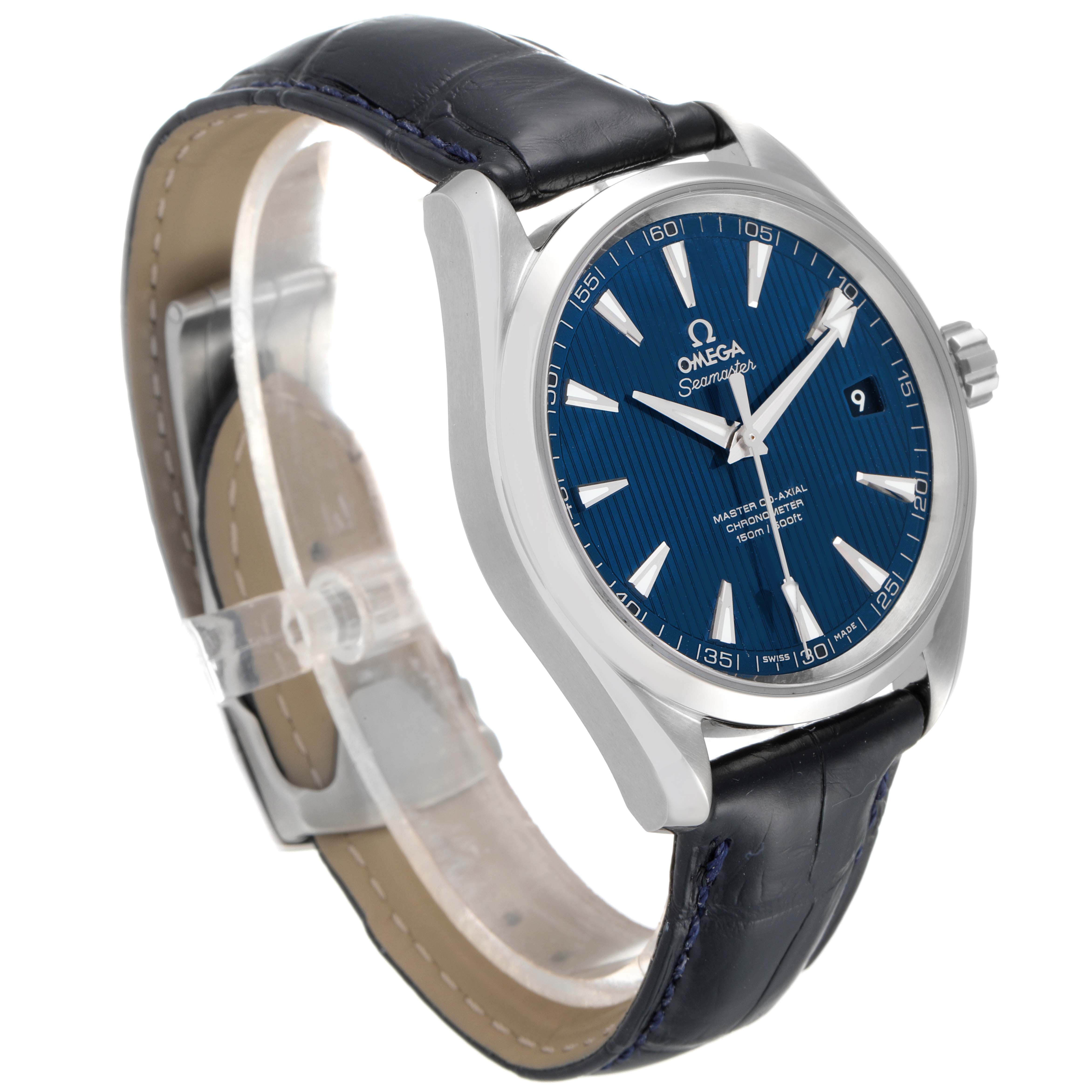 The image shows an Omega Aqua Terra 231.13.42.21.03.001 Men
s Stainless Steel Blue Dial 231.13.42.21.03.001 Men
s Stainless Steel Blue Dial with a blue dial and black leather strap from a three-quarter side angle.