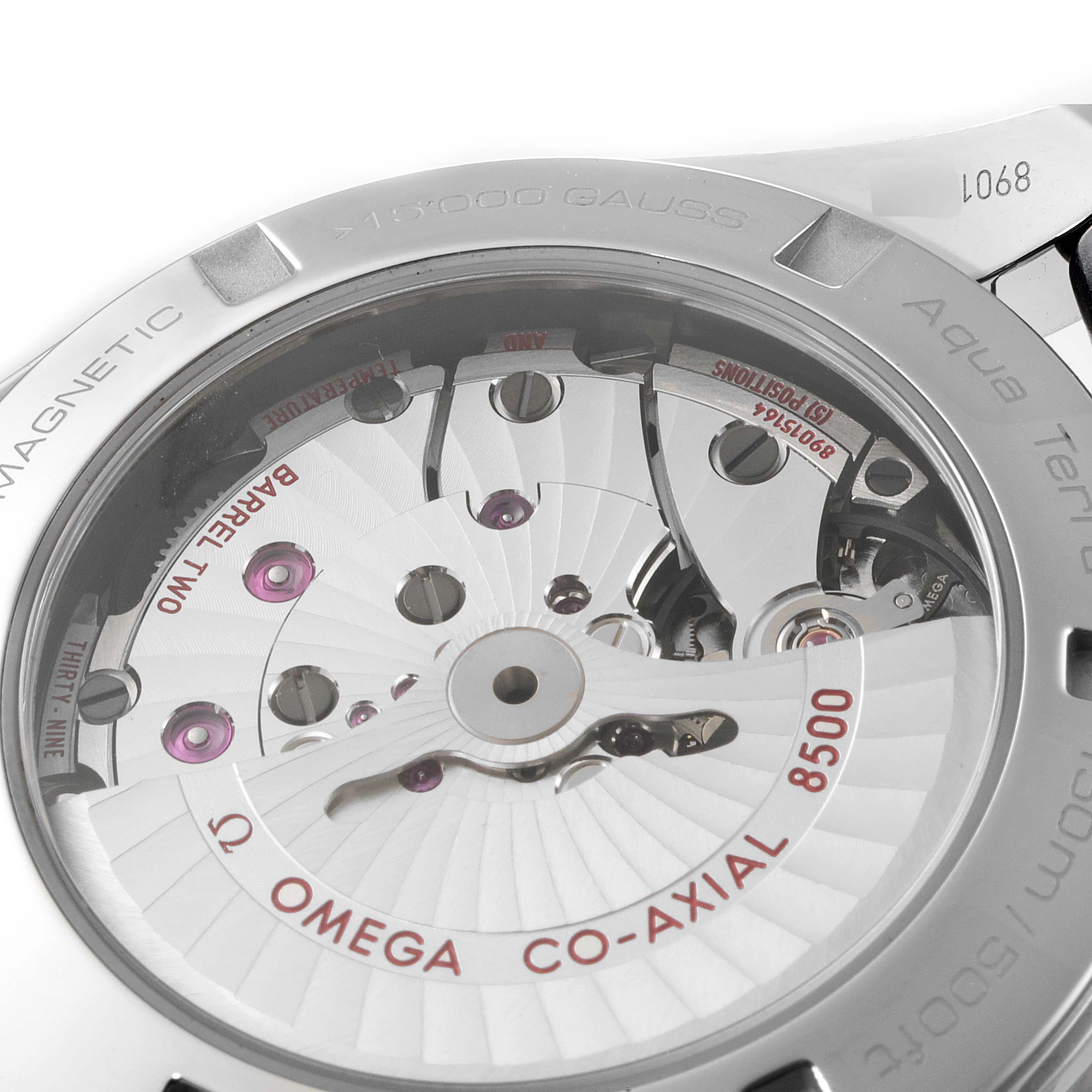 This image shows the back case of the Omega Aqua Terra 231.13.42.21.03.001 Men
s Stainless Steel Blue Dial 231.13.42.21.03.001 Men
s Stainless Steel Blue Dial watch, revealing the Co-Axial 8500 movement mechanism.