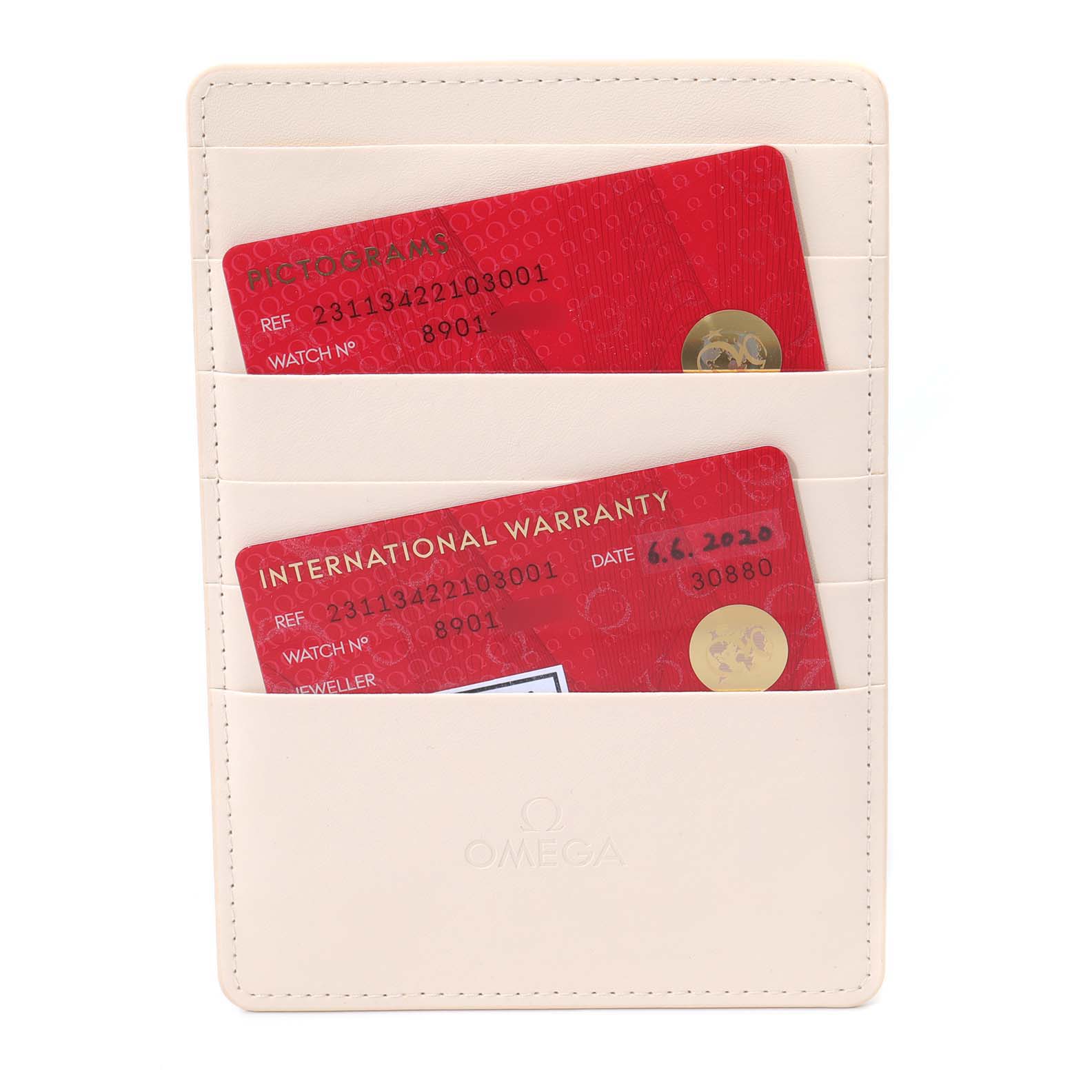 The image shows the warranty and pictograms cards for the Omega Aqua Terra 231.13.42.21.03.001 Men
s Stainless Steel Blue Dial 231.13.42.21.03.001 Men
s Stainless Steel Blue Dial model, placed in slots of a light-colored cardholder.