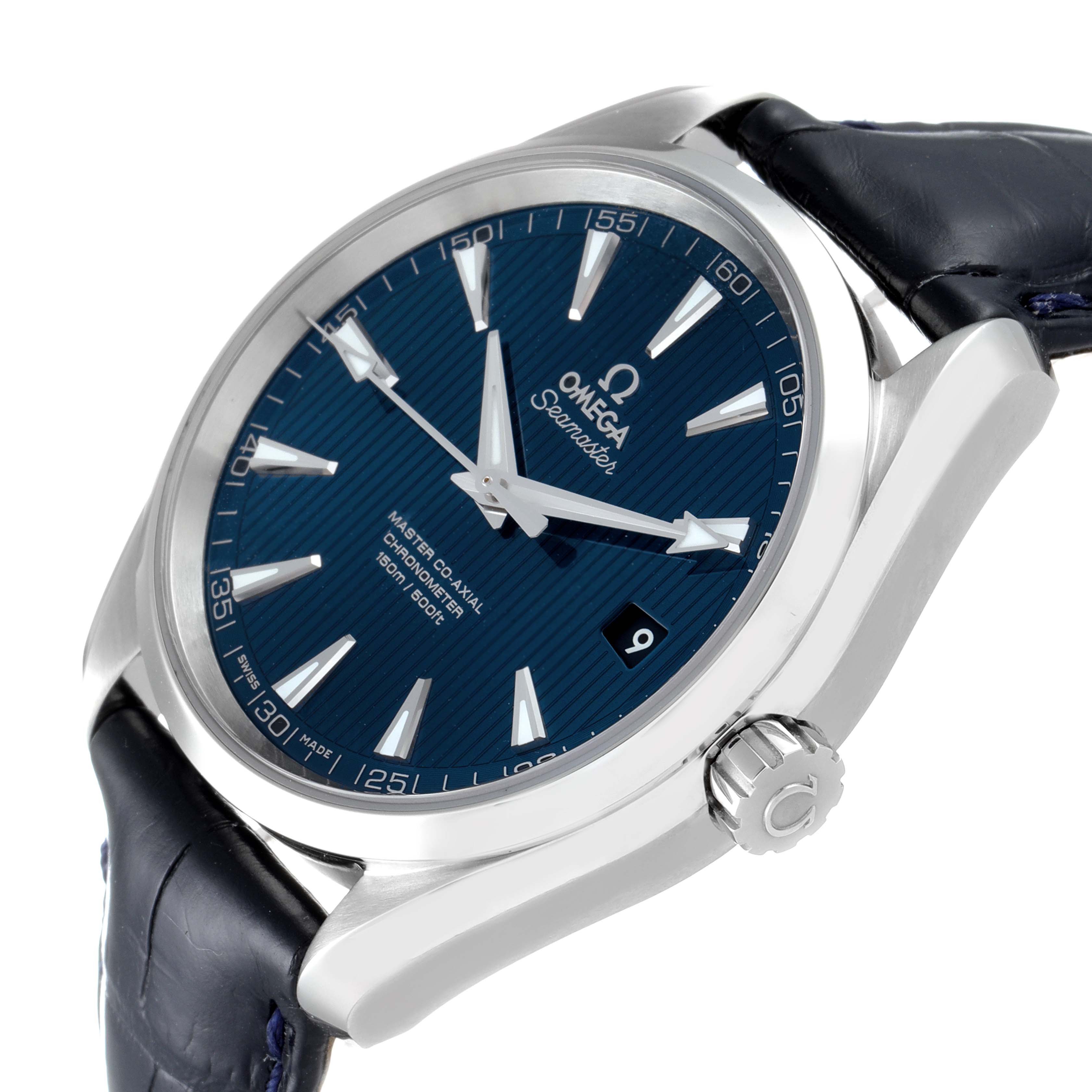 This image shows an Omega Aqua Terra 231.13.42.21.03.001 Men
s Stainless Steel Blue Dial 231.13.42.21.03.001 Men
s Stainless Steel Blue Dial watch at a slight angle, highlighting the dial, crown, and strap.