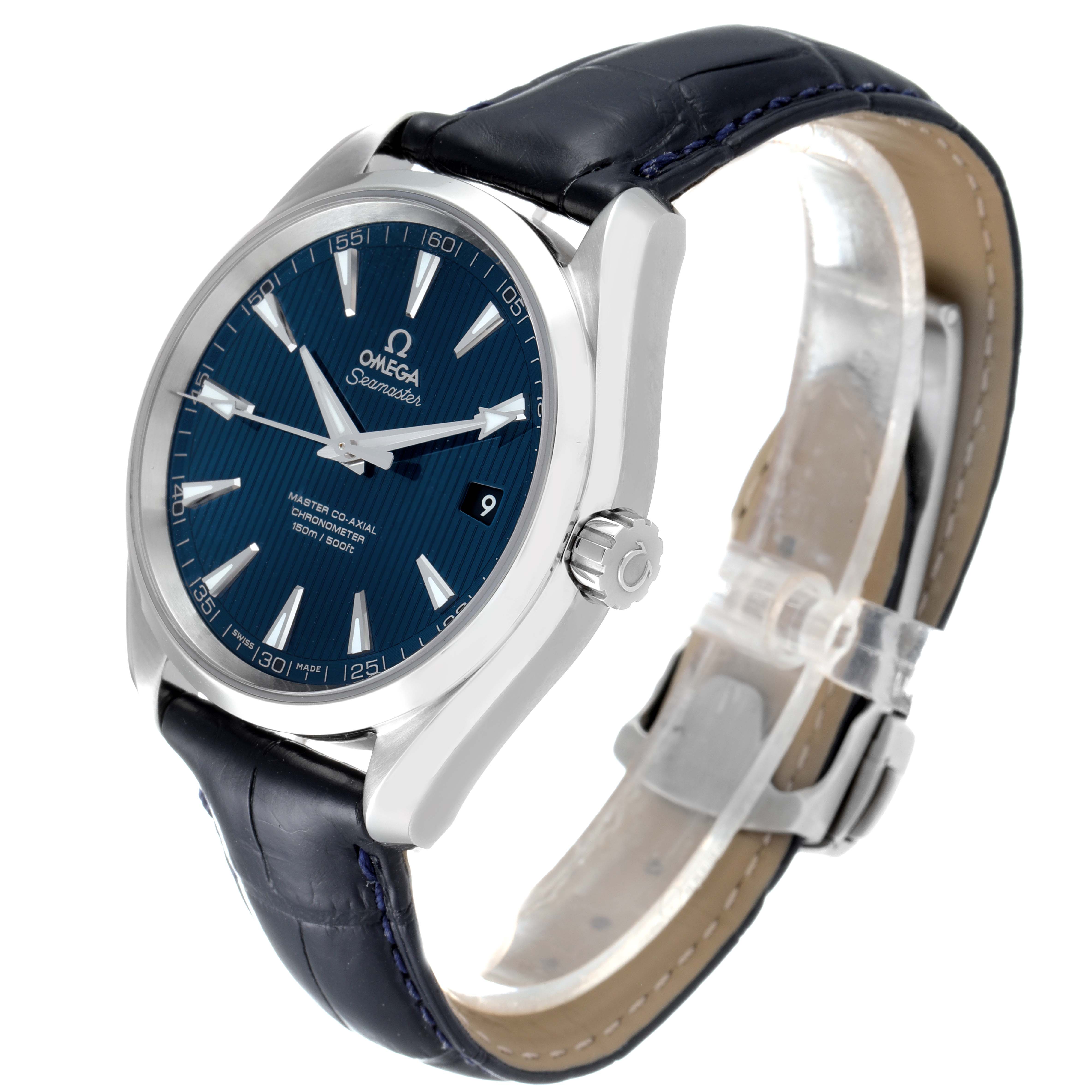 The image shows the Omega Aqua Terra 231.13.42.21.03.001 Men
s Stainless Steel Blue Dial 231.13.42.21.03.001 Men
s Stainless Steel Blue Dial watch from an angled side view, highlighting the dial, crown, and leather strap.