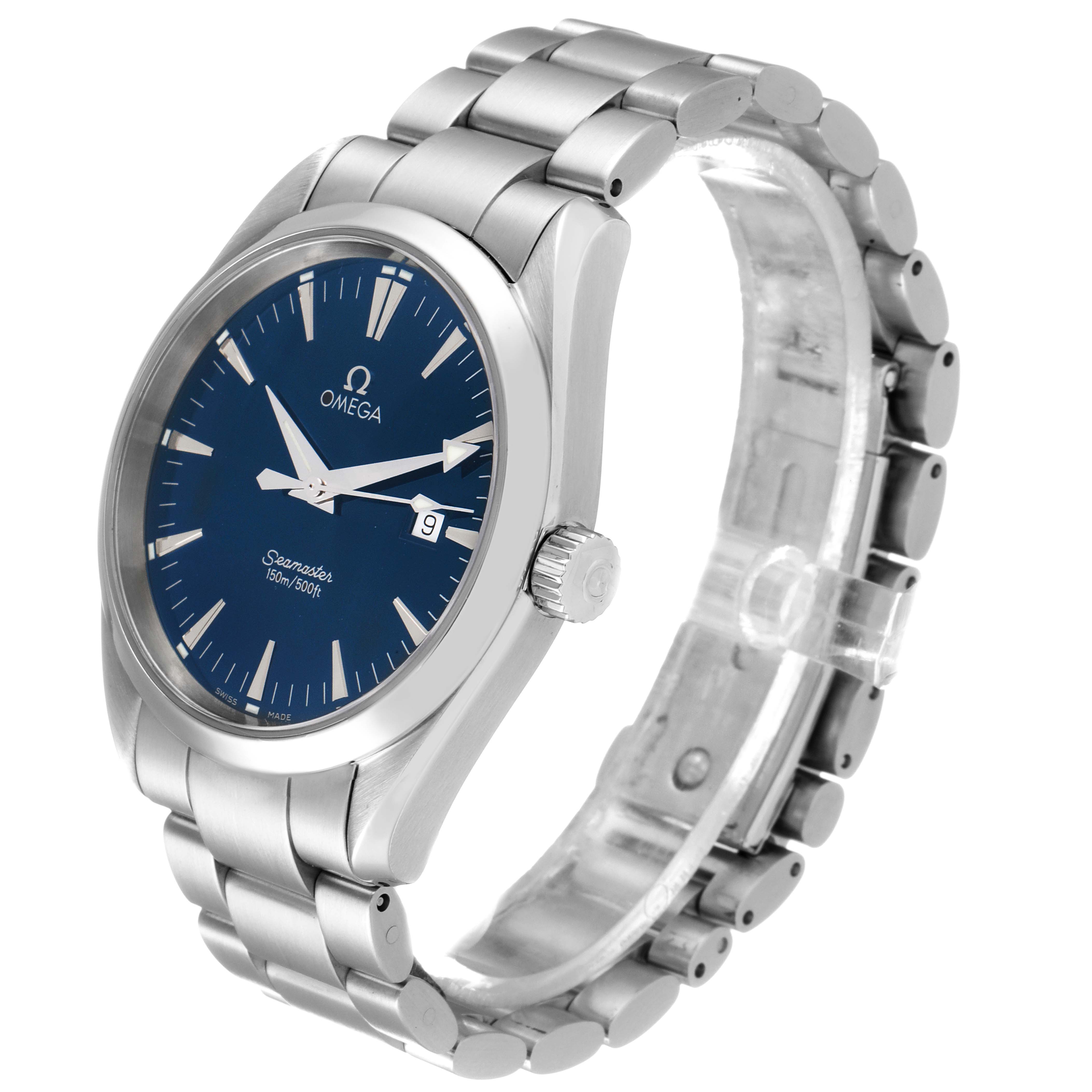 The Omega Aqua Terra 2517.80.00 Men
s Stainless Steel Blue Dial 2517.80.00 Men
s Stainless Steel Blue Dial watch is shown at a three-quarter angle, highlighting the case, bracelet, and face.