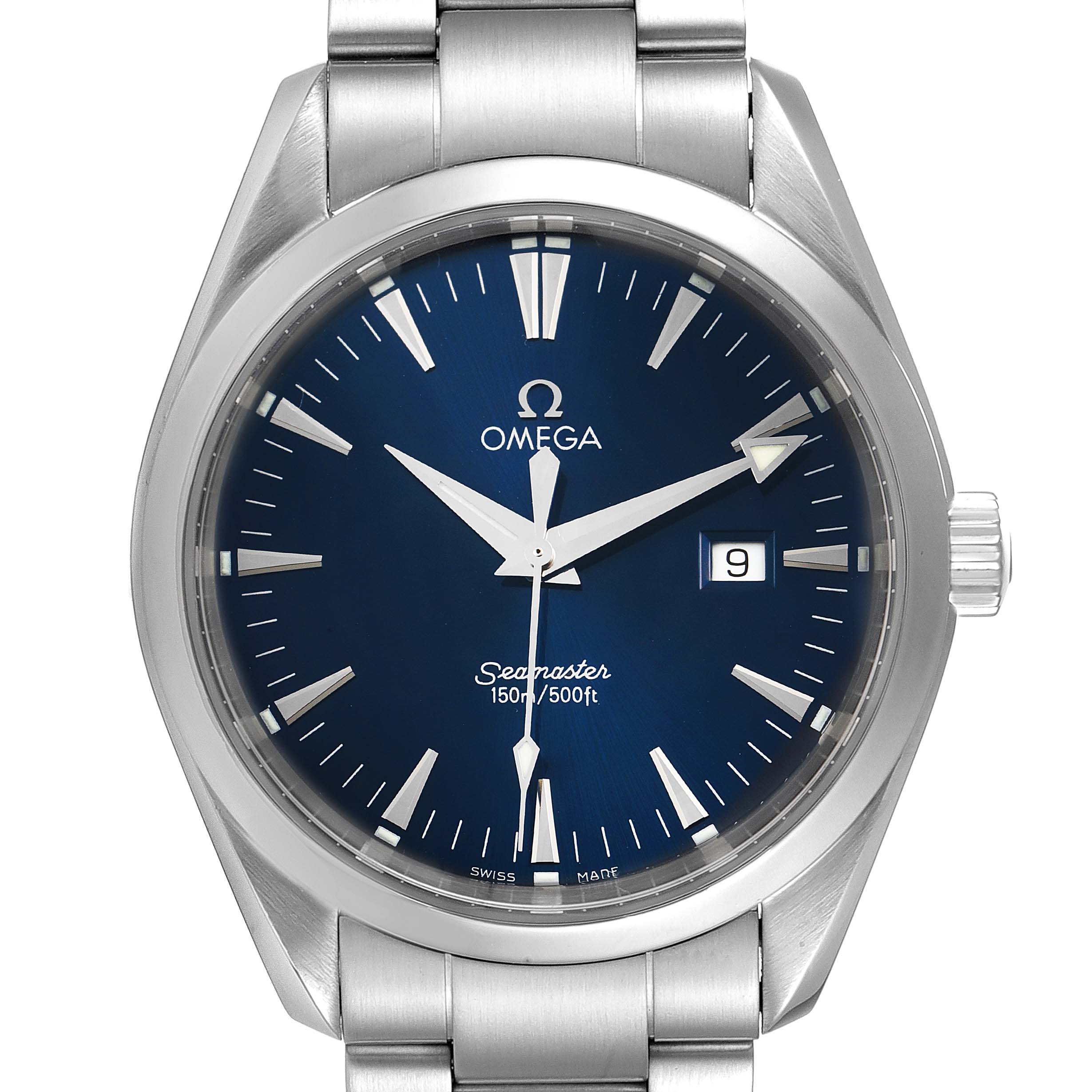 The image shows a front view of the Omega Aqua Terra 2517.80.00 Men
s Stainless Steel Blue Dial 2517.80.00 Men
s Stainless Steel Blue Dial watch, featuring a blue dial, silver bracelet, and date window.