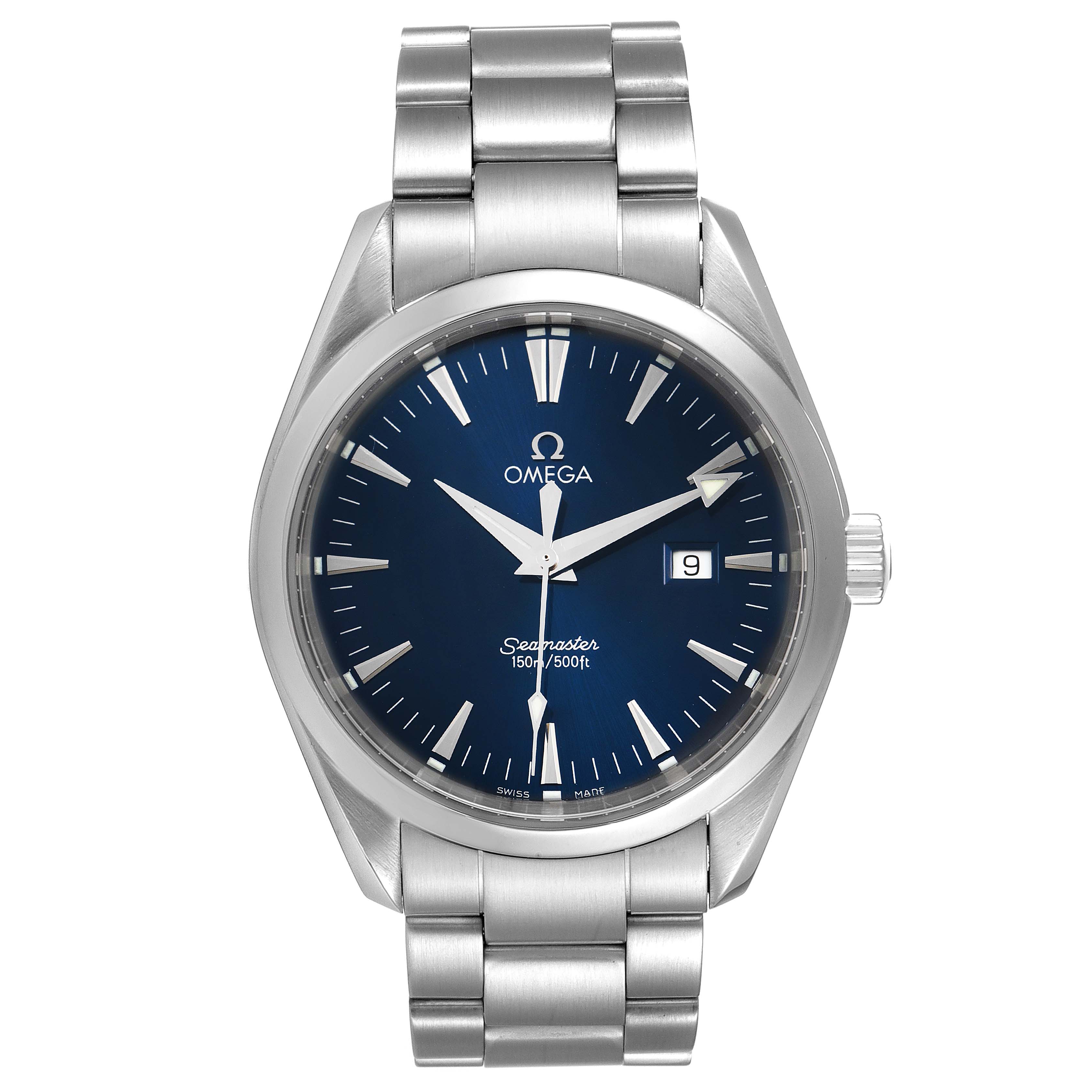 The image shows a front view of an Omega Aqua Terra 2517.80.00 Men
s Stainless Steel Blue Dial 2517.80.00 Men
s Stainless Steel Blue Dial watch, highlighting its blue dial, date window, and stainless steel bracelet.