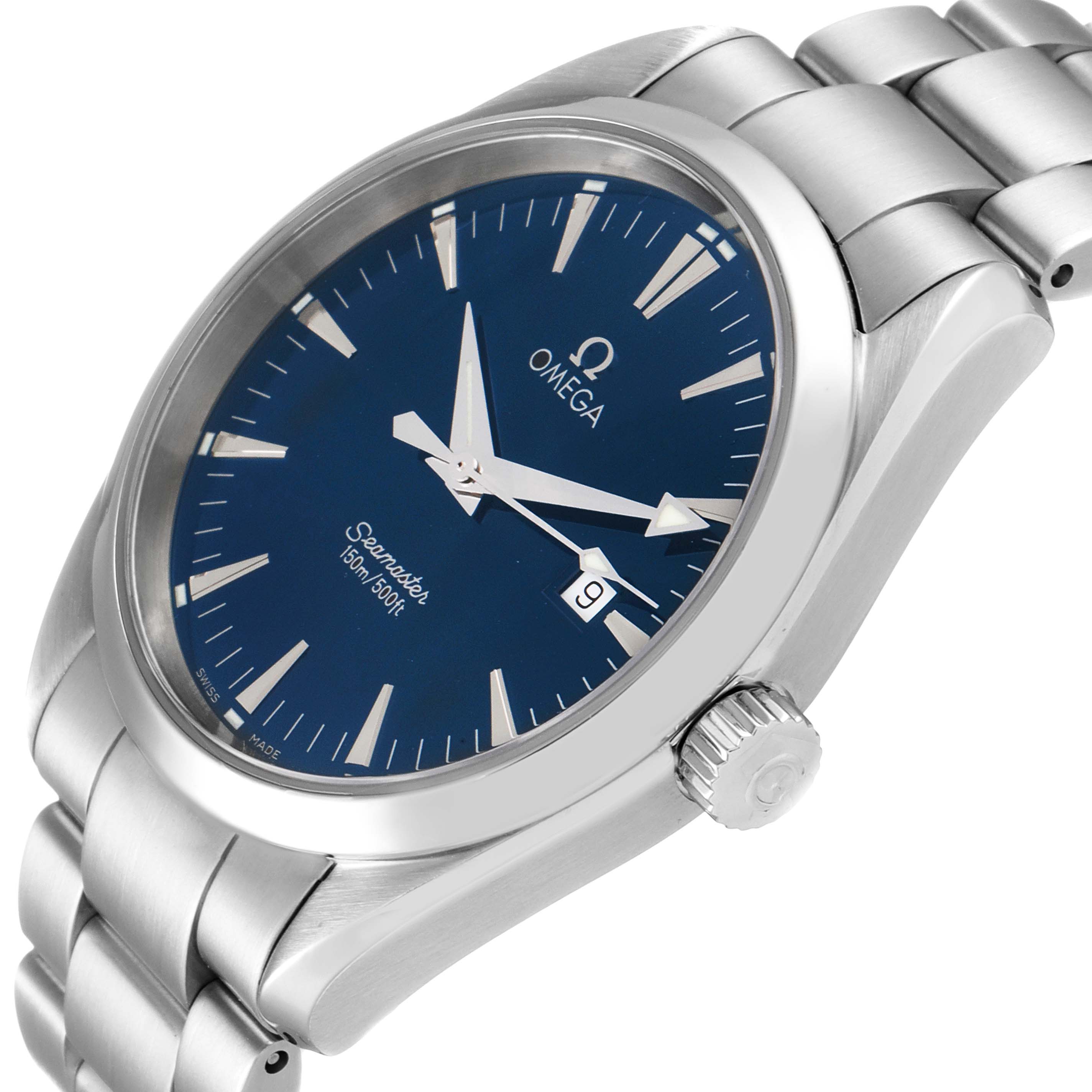 The image shows a close-up angle of the Omega Aqua Terra 2517.80.00 Men
s Stainless Steel Blue Dial 2517.80.00 Men
s Stainless Steel Blue Dial model, highlighting its blue dial, bracelet, and crown.