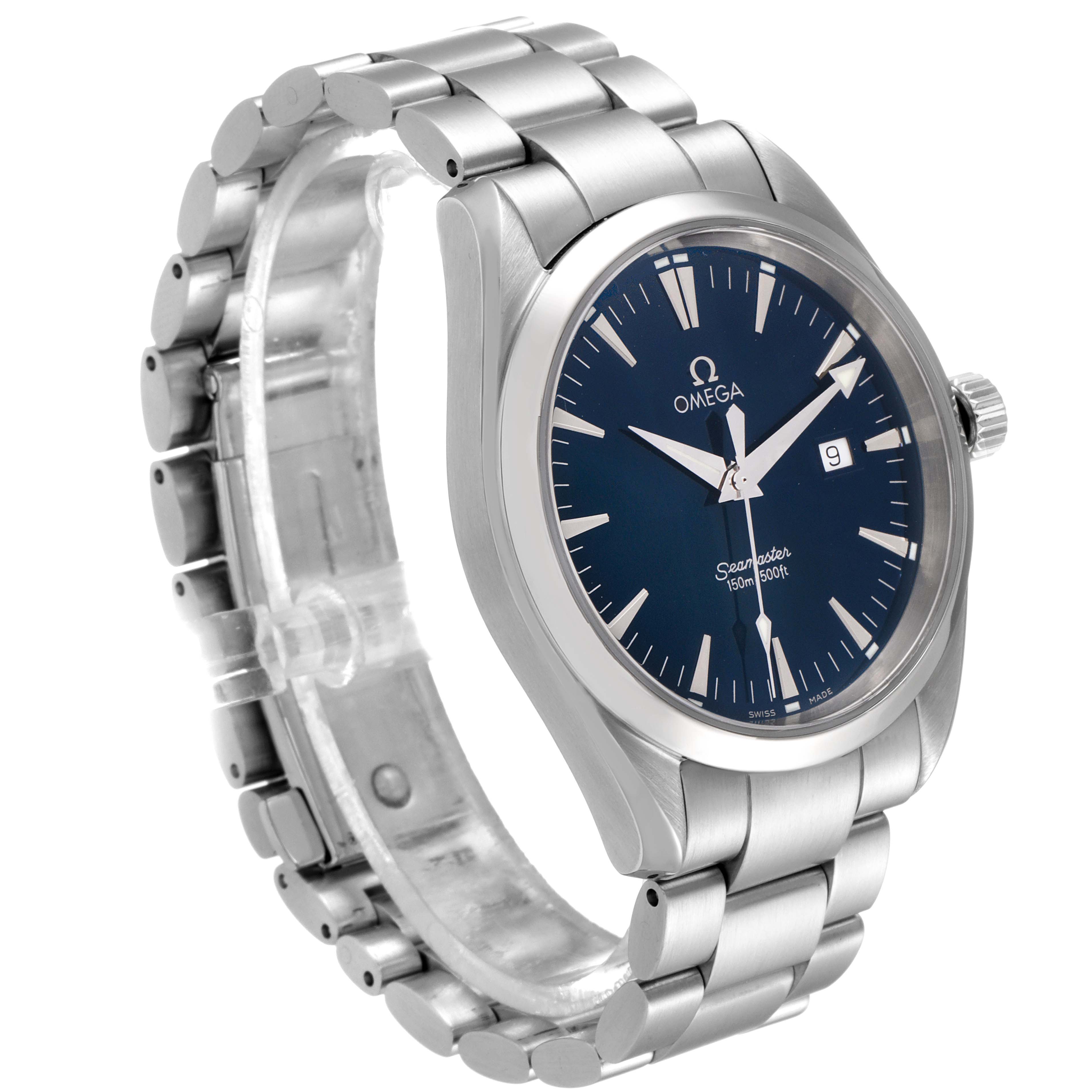 The image shows an Omega Aqua Terra 2517.80.00 Men
s Stainless Steel Blue Dial 2517.80.00 Men
s Stainless Steel Blue Dial watch, angled slightly to the right, displaying the dial, bracelet, and crown.