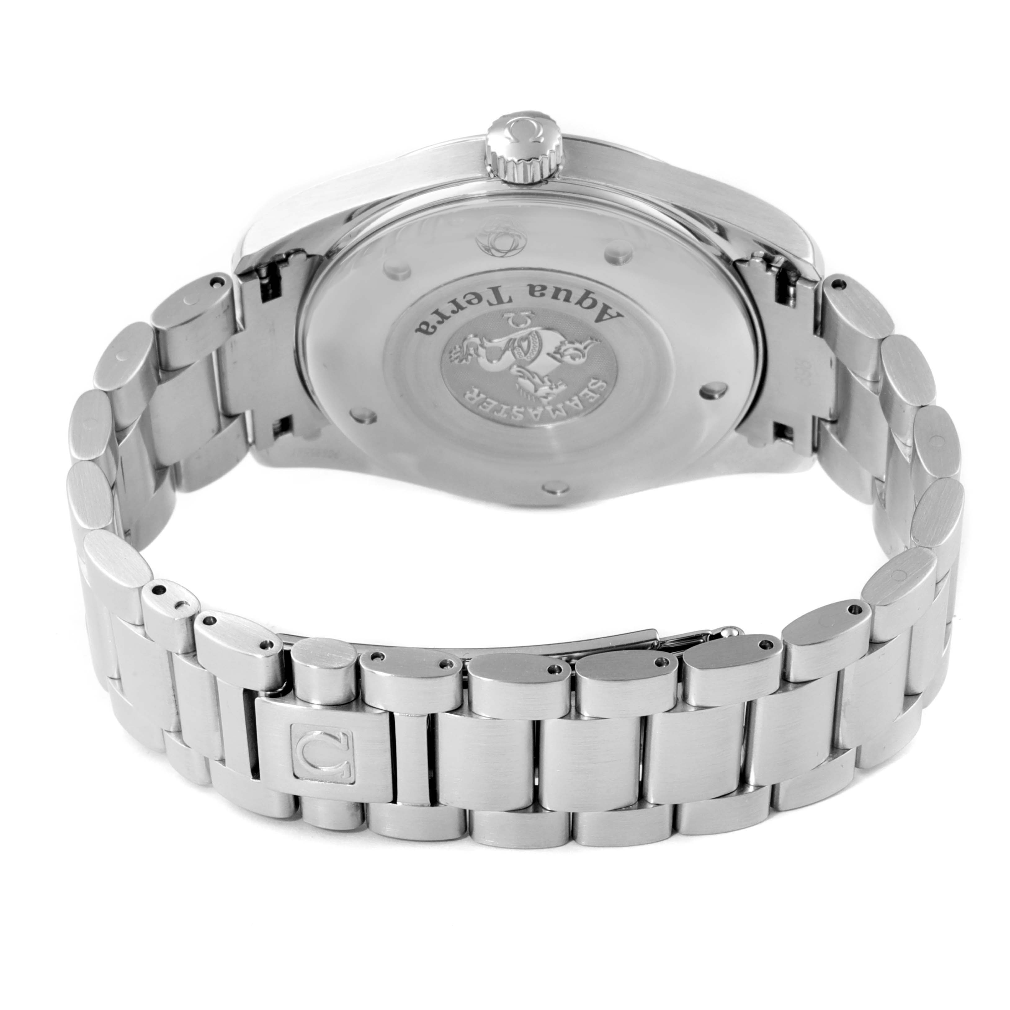The image shows the back case and bracelet of the Omega Aqua Terra 2517.80.00 Men
s Stainless Steel Blue Dial 2517.80.00 Men
s Stainless Steel Blue Dial watch, highlighting its clasp and case back engraving.
