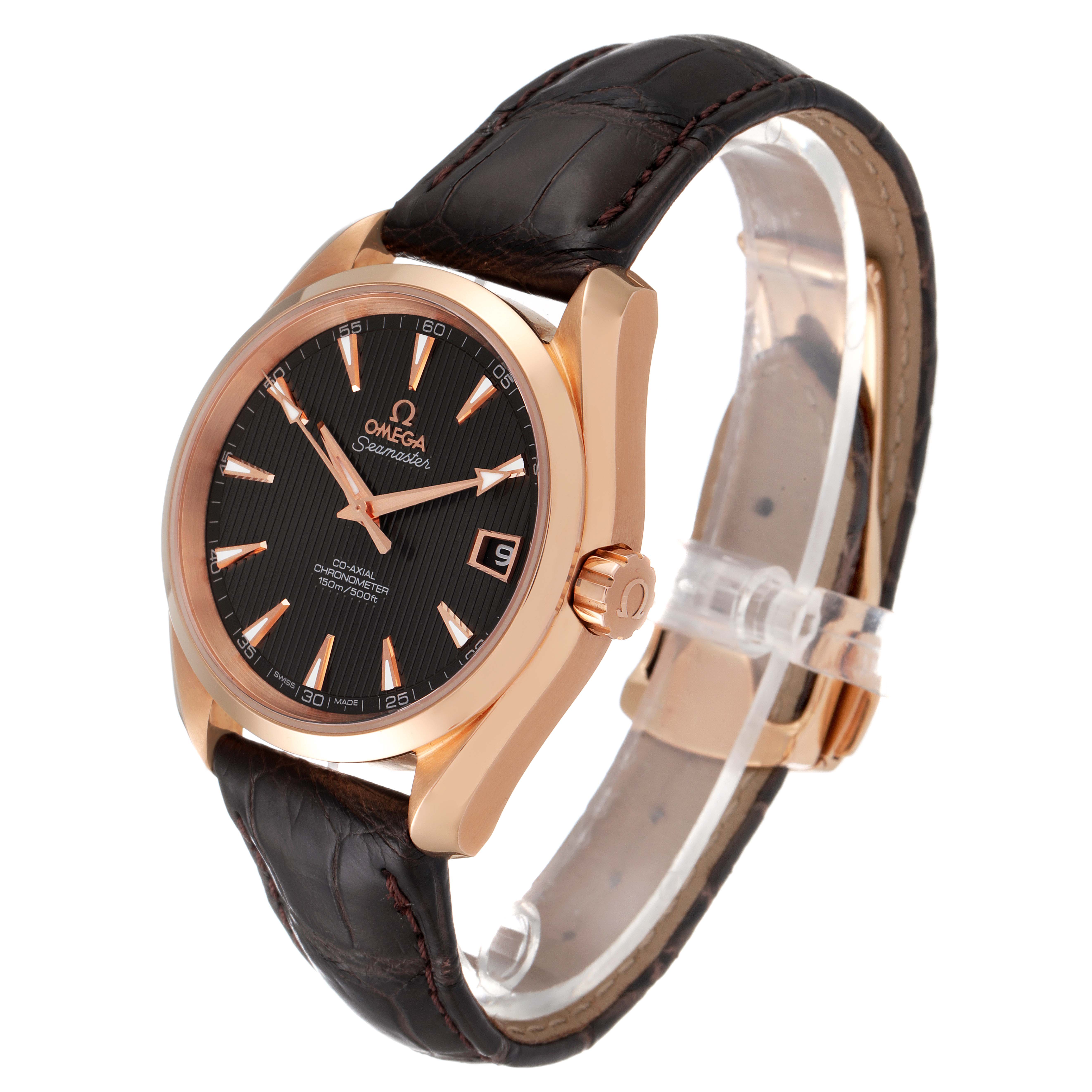 The Omega Aqua Terra 231.53.39.21.06.001 Men's Rose Gold Grey Dial 231.53.39.21.06.001 Men's Rose Gold Grey Dial watch is shown at a slight angle displaying its face, case, crown, and leather strap.