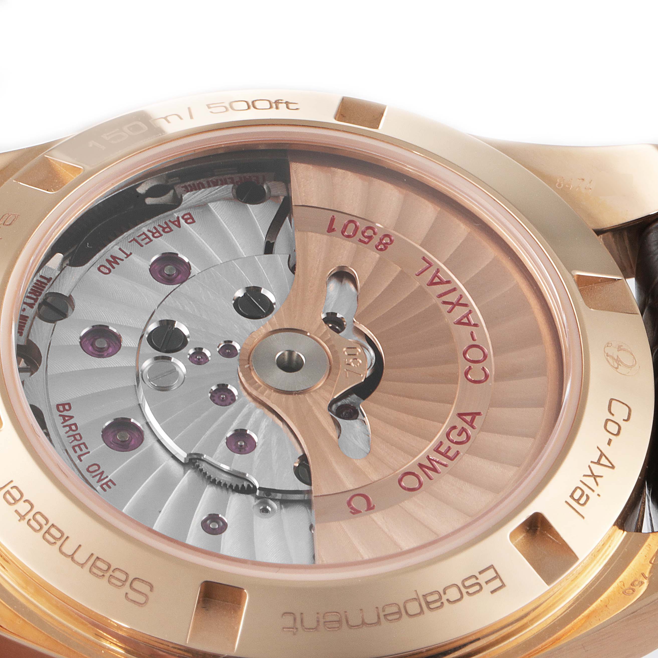The image shows the back angle of the Omega Aqua Terra 231.53.39.21.06.001 Men's Rose Gold Grey Dial 231.53.39.21.06.001 Men's Rose Gold Grey Dial watch, highlighting its movement and co-axial mechanism.