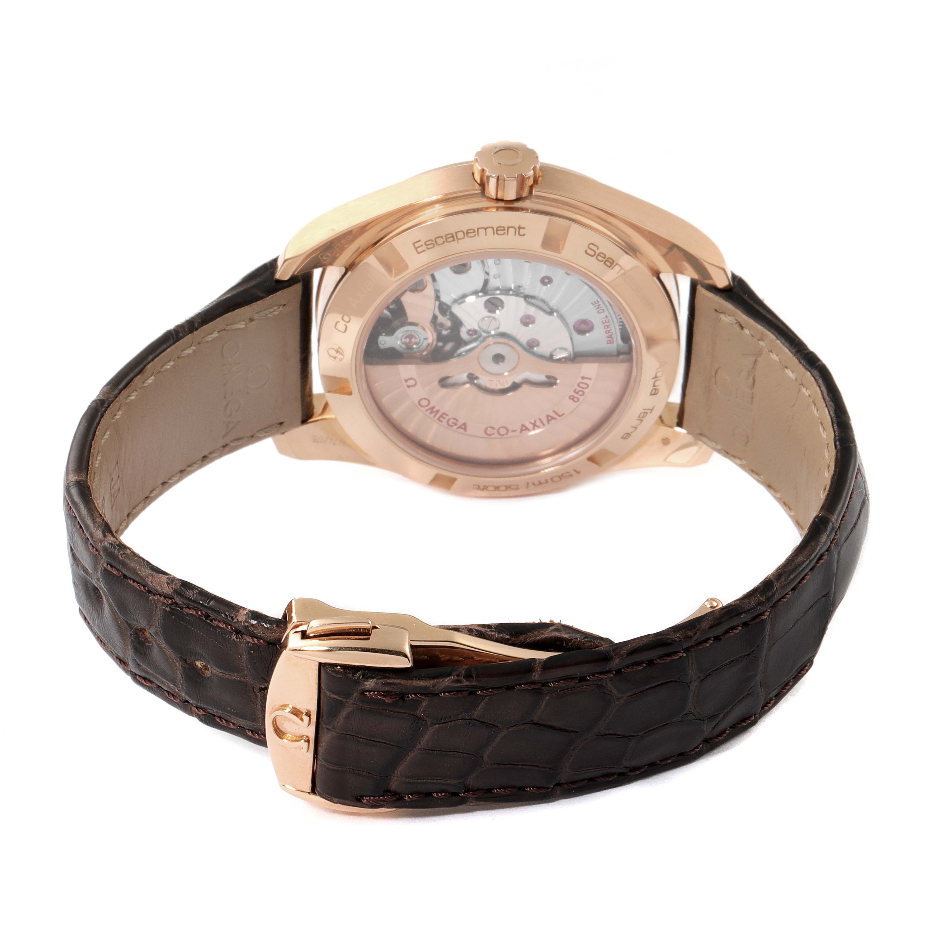 The image shows the back view of an Omega Aqua Terra 231.53.39.21.06.001 Men's Rose Gold Grey Dial 231.53.39.21.06.001 Men's Rose Gold Grey Dial watch with a transparent case back and leather strap.