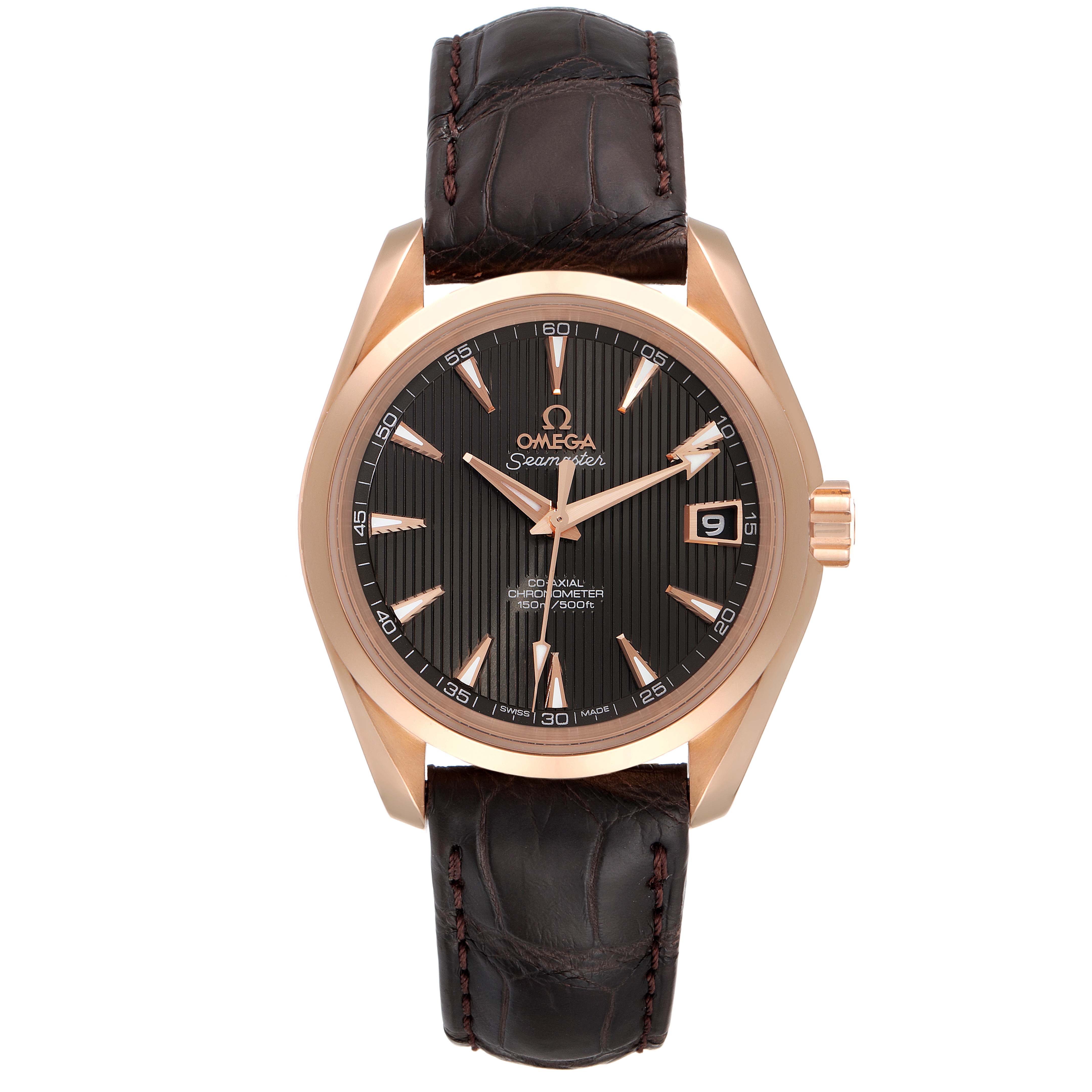 The image shows a frontal view of the Omega Aqua Terra 231.53.39.21.06.001 Men's Rose Gold Grey Dial 231.53.39.21.06.001 Men's Rose Gold Grey Dial watch, highlighting the dial, hands, date window, and leather strap.