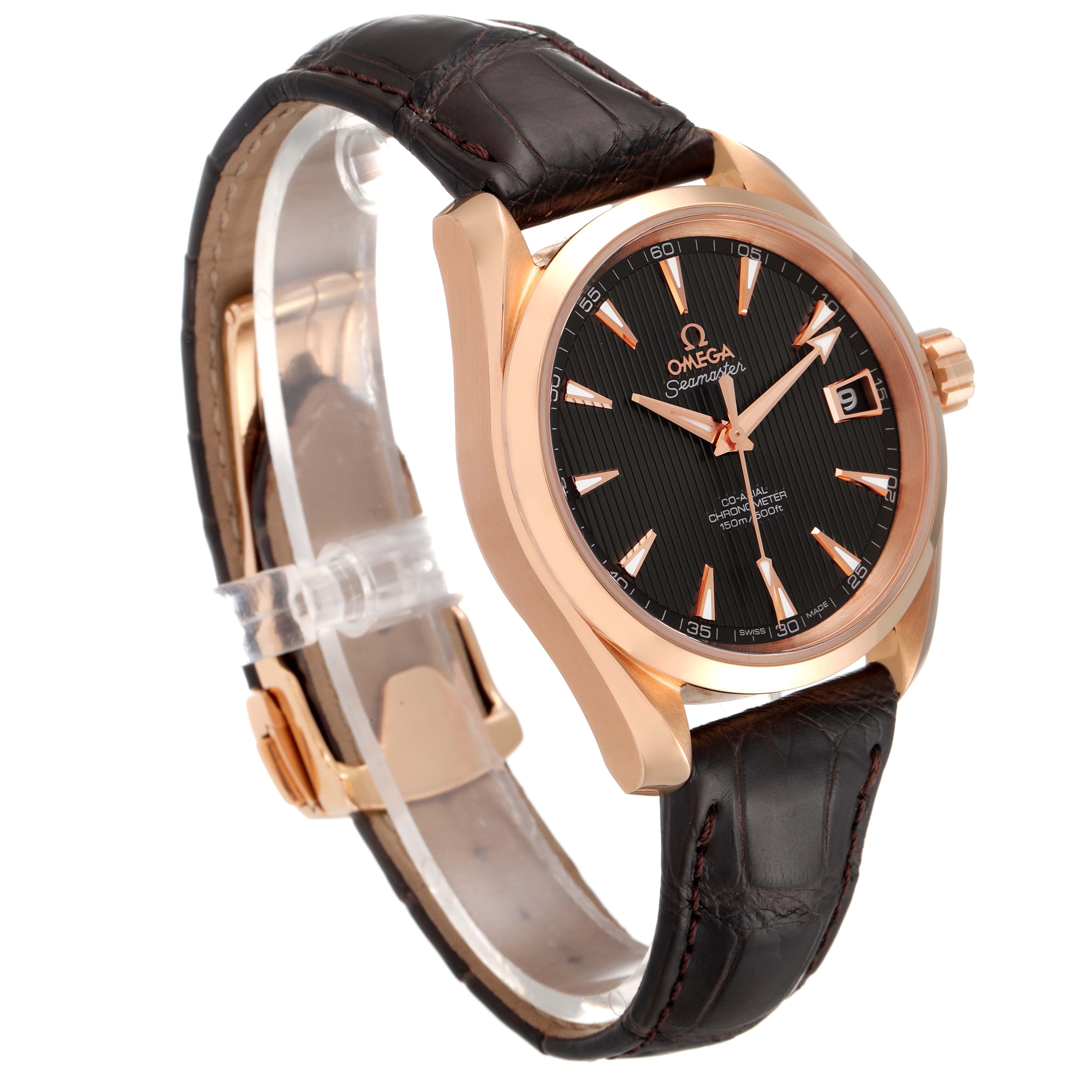 This Aqua Terra model by Omega is shown from an angled front view, highlighting the face, dial, and leather strap.